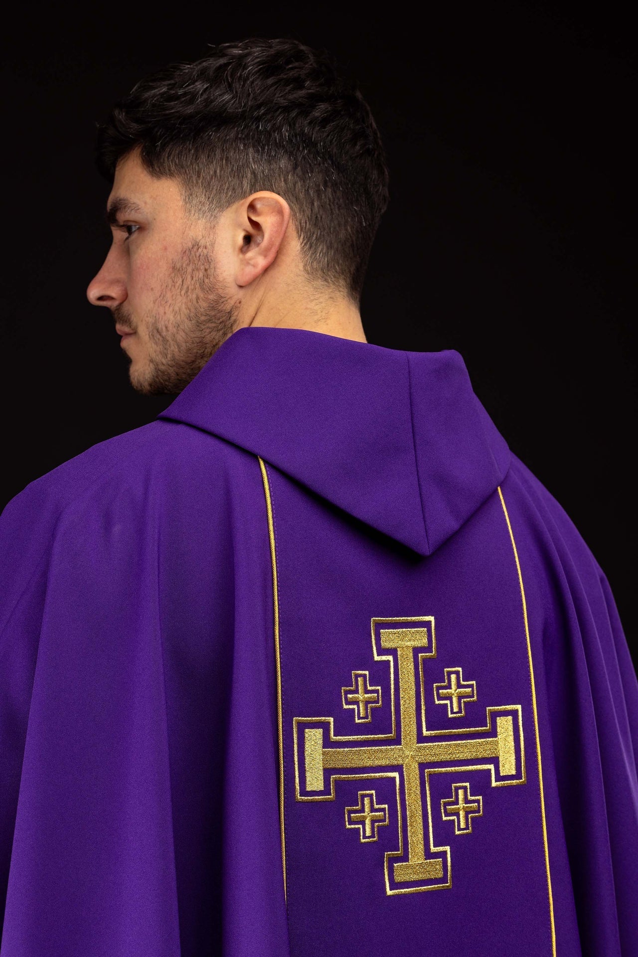 Purple embroidered chasuble with band and Jerusalem crosses - Image 5