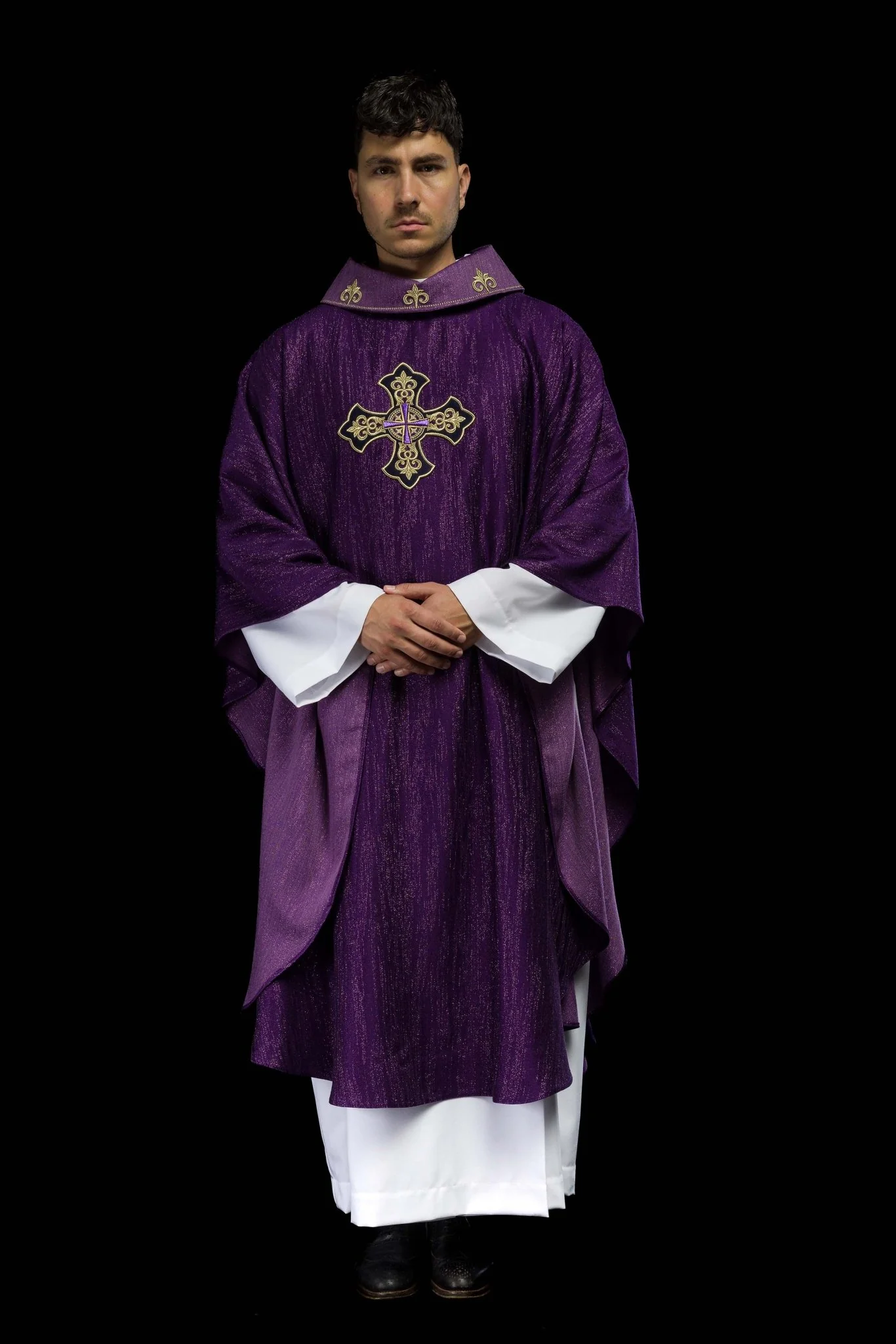 Purple Liturgical Chasuble with Embroidered Cross on Decorative Fabric - Image 2