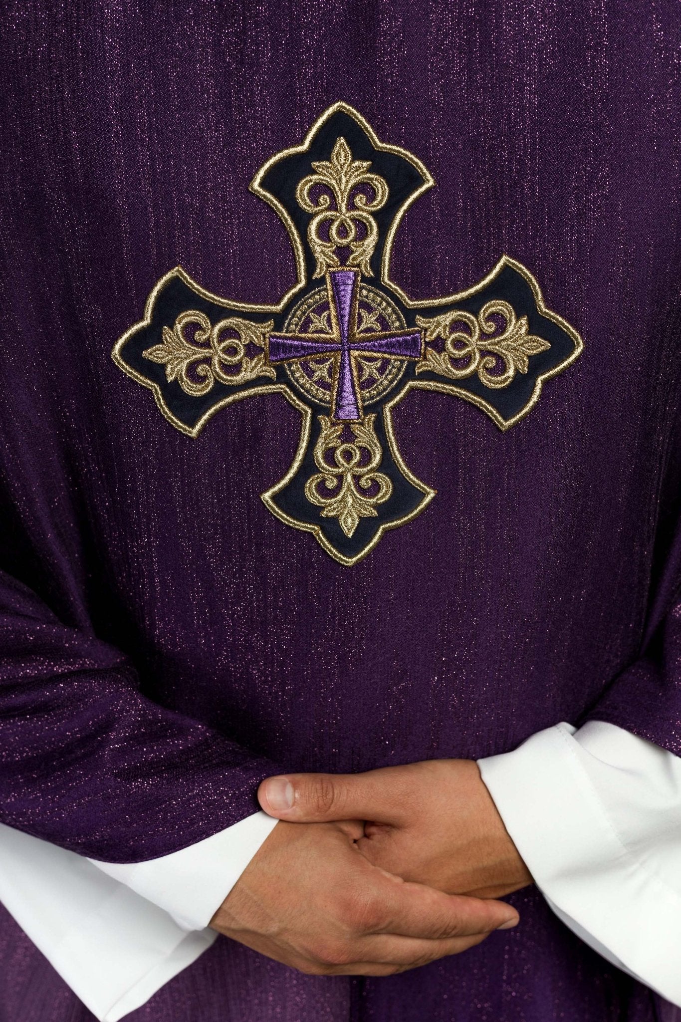 Purple Liturgical Chasuble with Embroidered Cross on Decorative Fabric - Image 3
