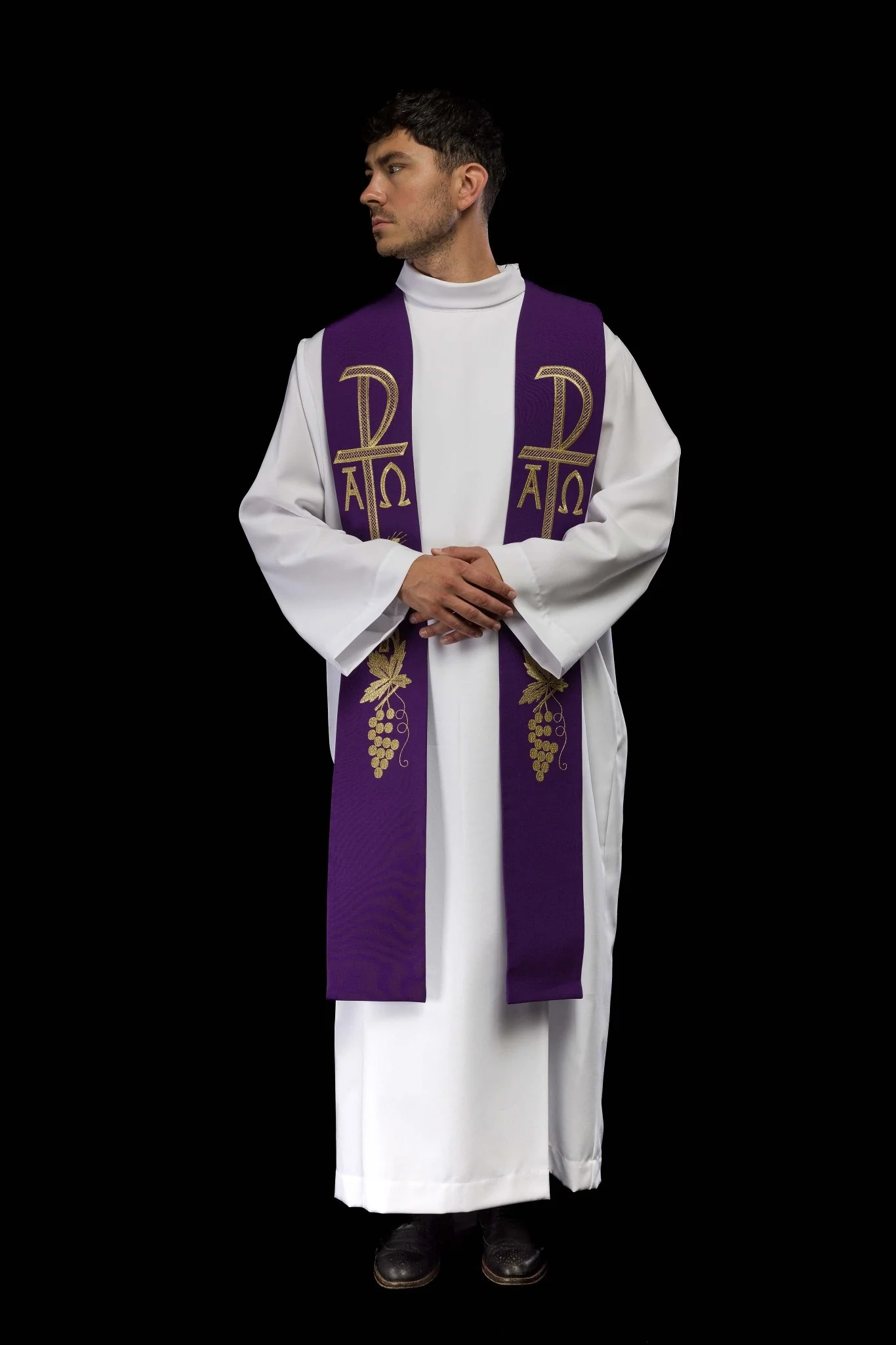 Purple priestly stole embroidered with Alpha and Omega - Image 5
