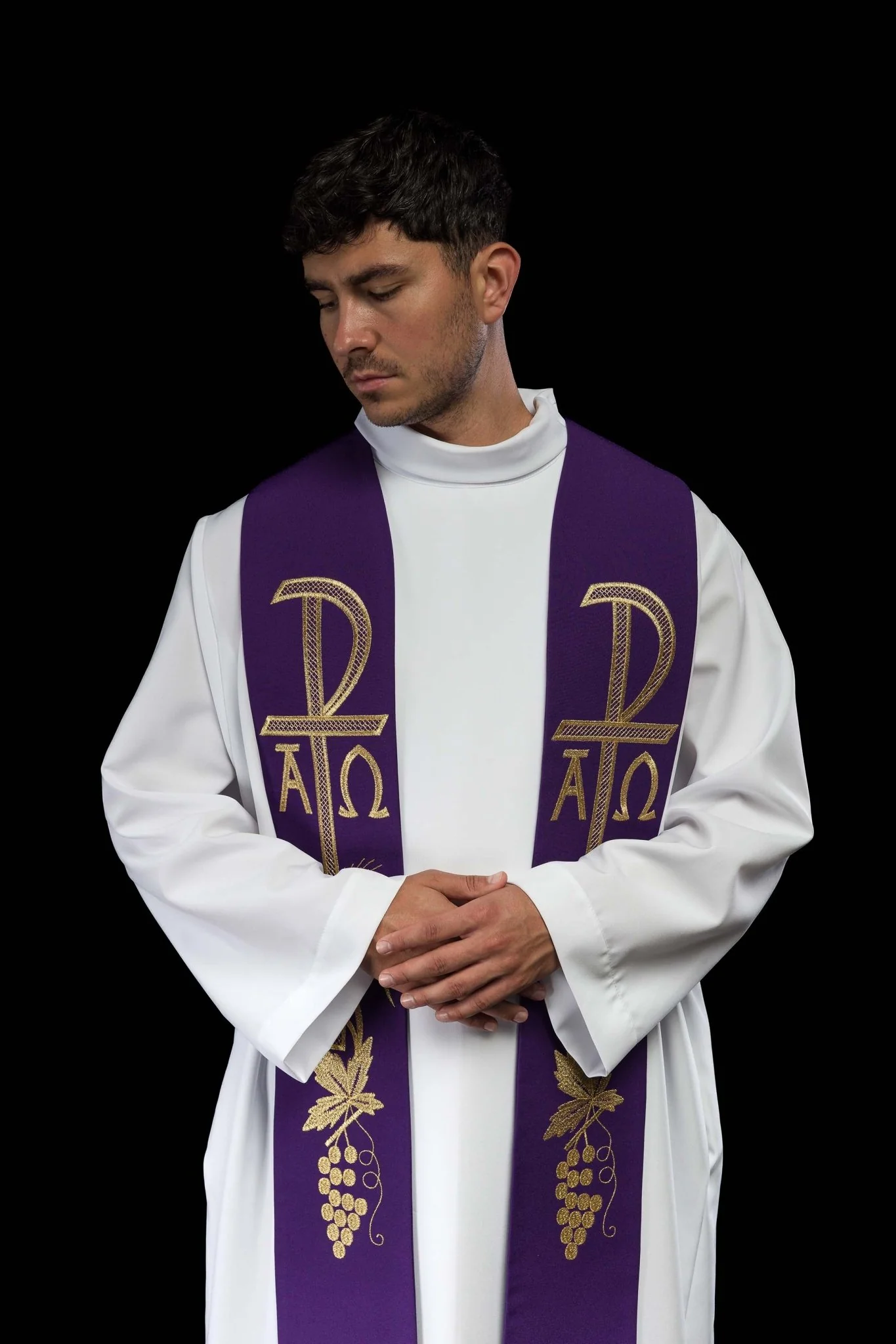 Purple priestly stole embroidered with Alpha and Omega - Image 6