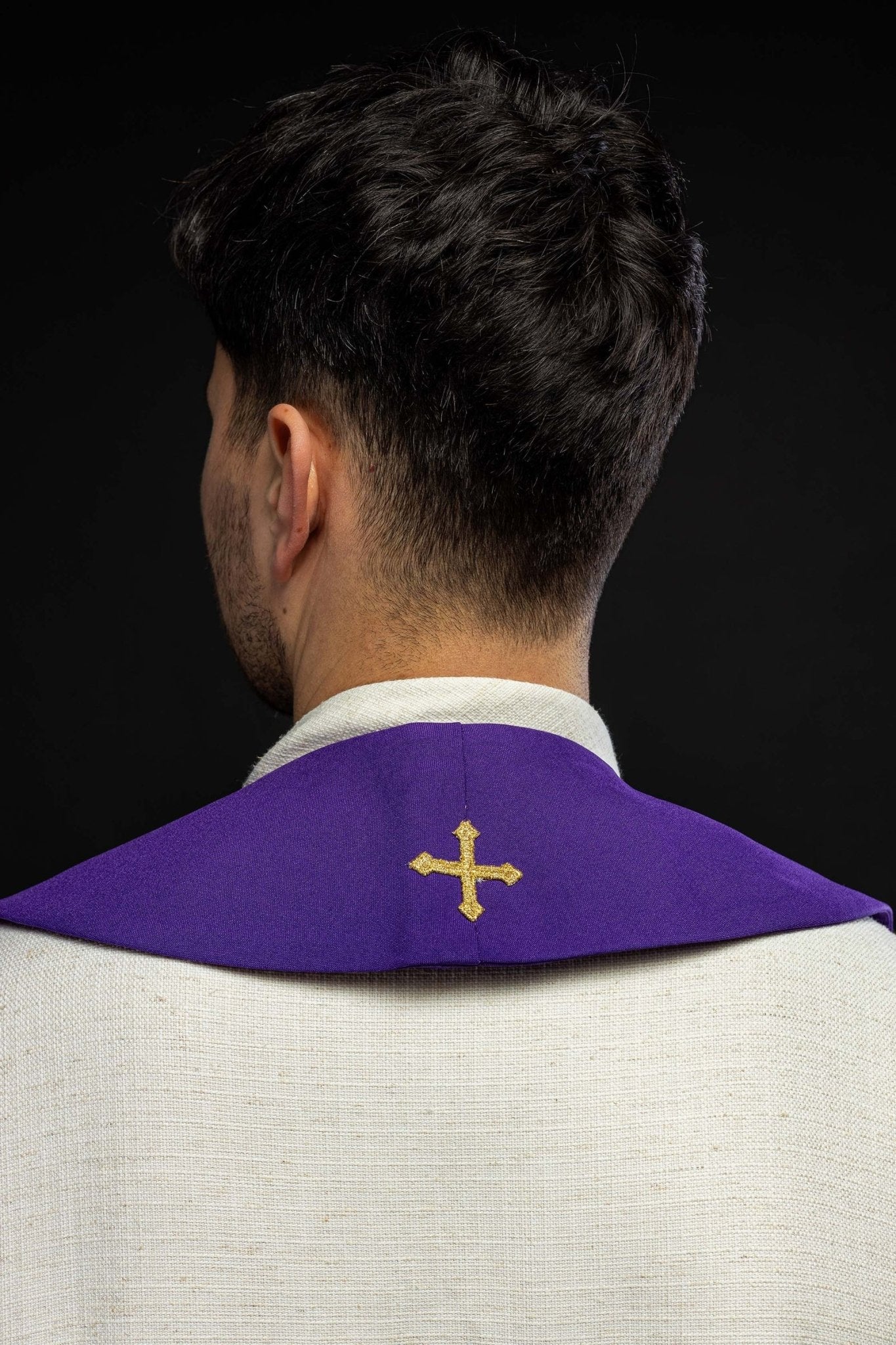 Purple priestly stole embroidered with IHS and grapes - Image 4