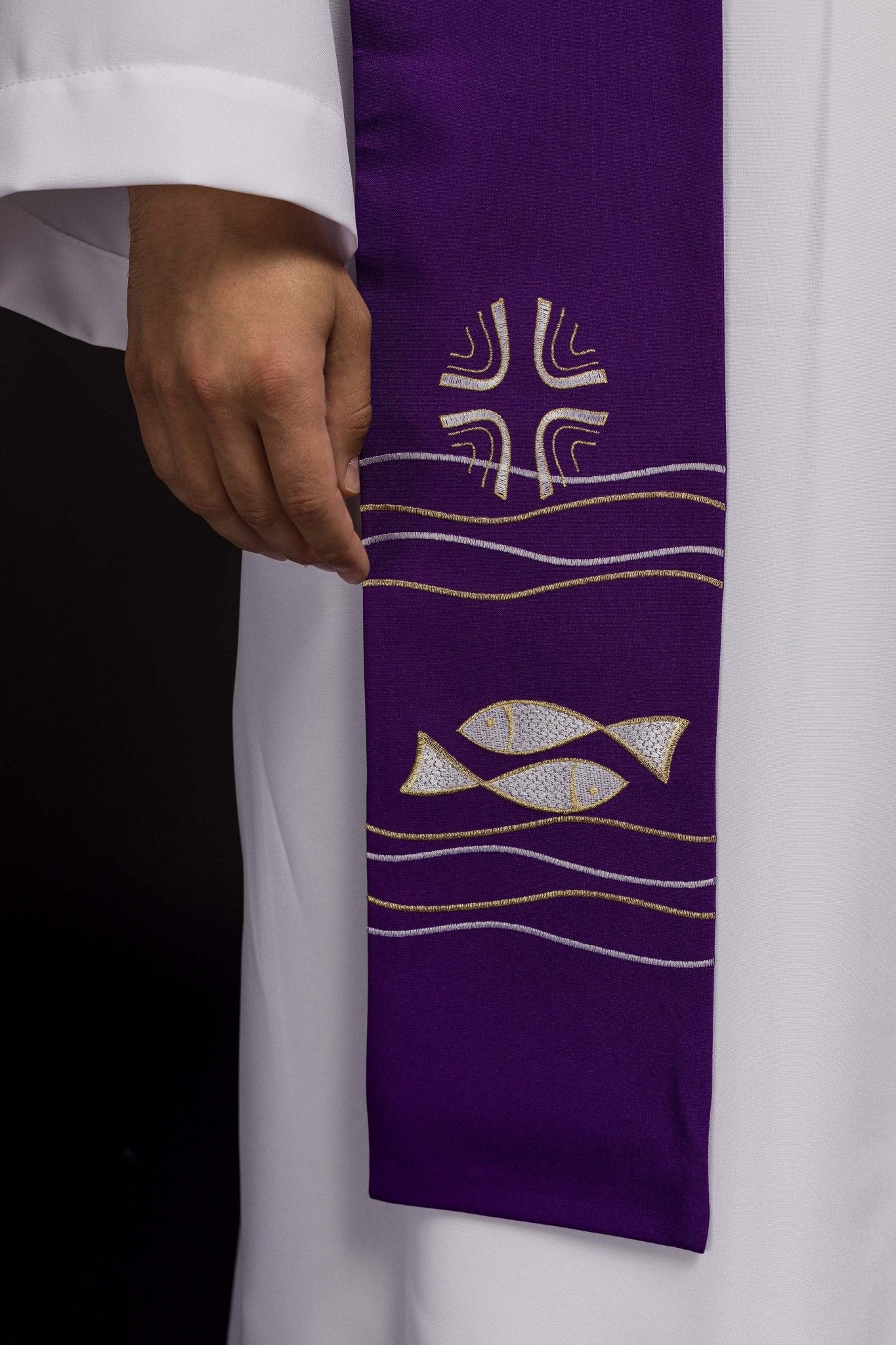 Purple priestly stole with embroidered Fish motif - Image 3