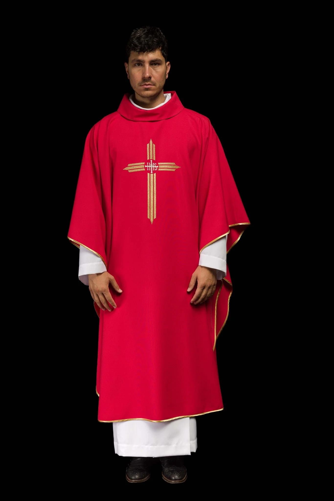 Red chasuble embroidered with the symbol of Cross IHS - Image 2
