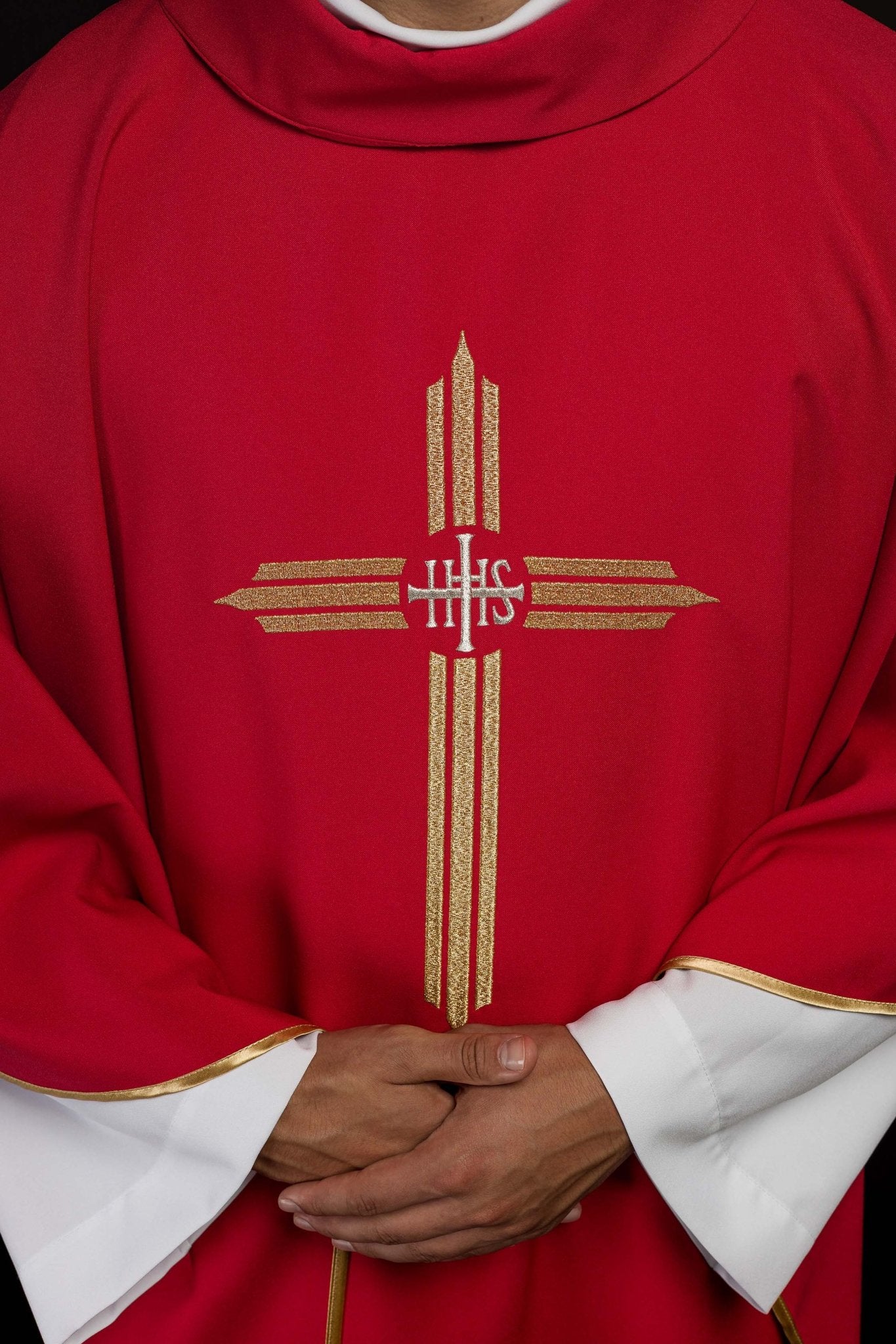 Red chasuble embroidered with the symbol of Cross IHS - Image 3