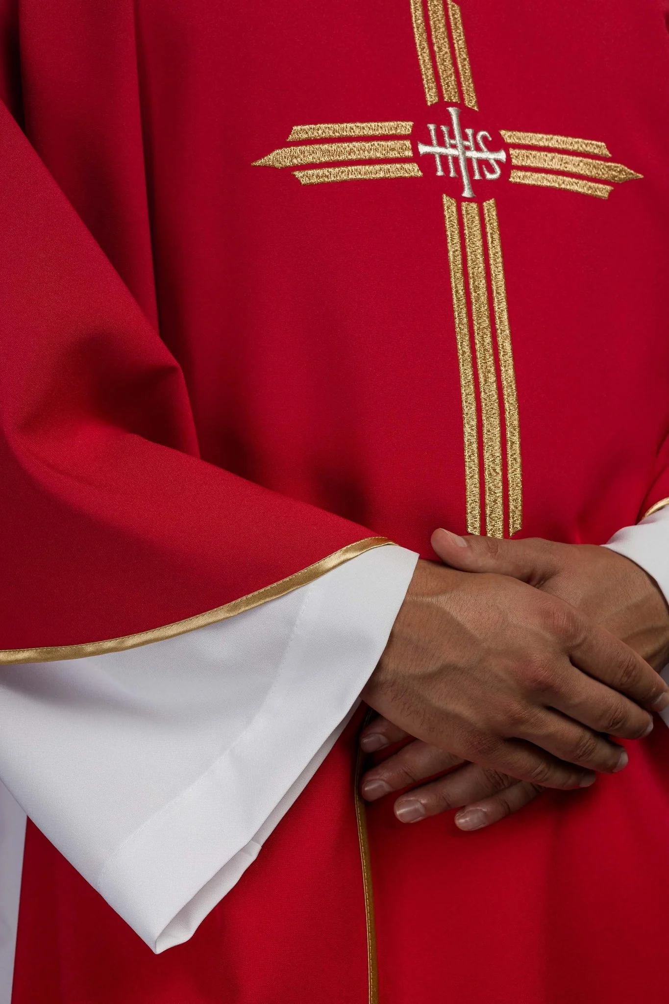 Red chasuble embroidered with the symbol of Cross IHS - Image 4