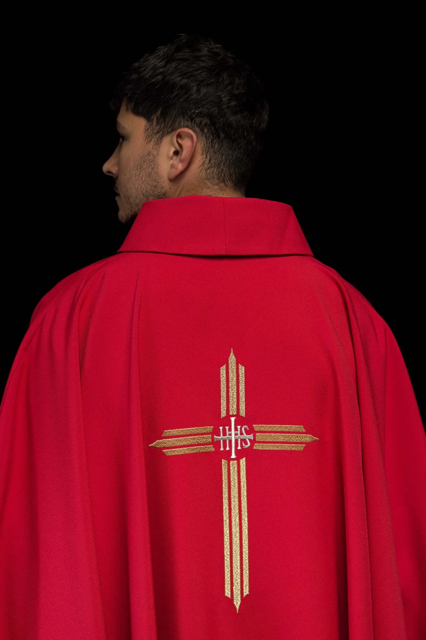 Red chasuble embroidered with the symbol of Cross IHS - Image 6