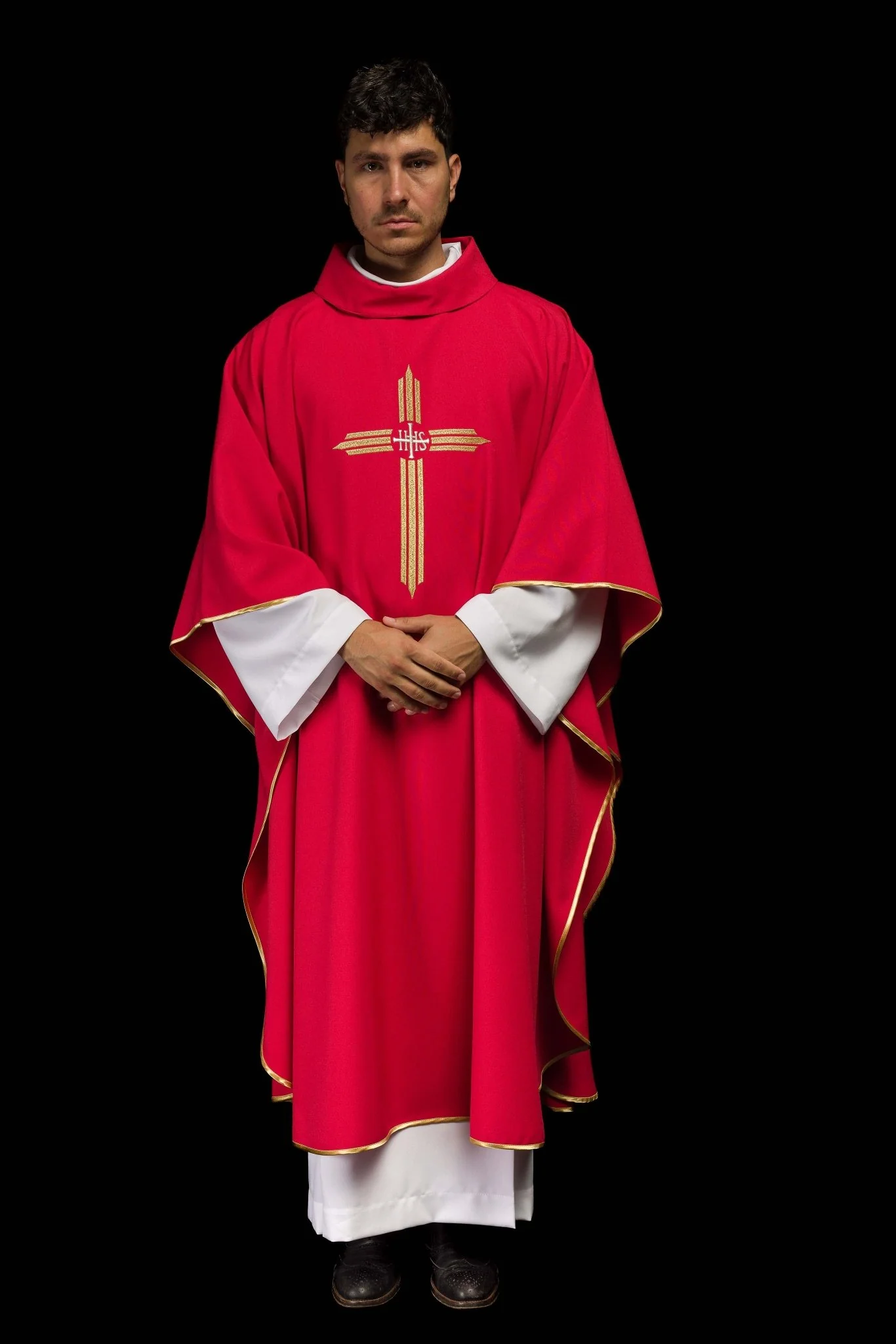 Red chasuble embroidered with the symbol of Cross IHS - Image 7