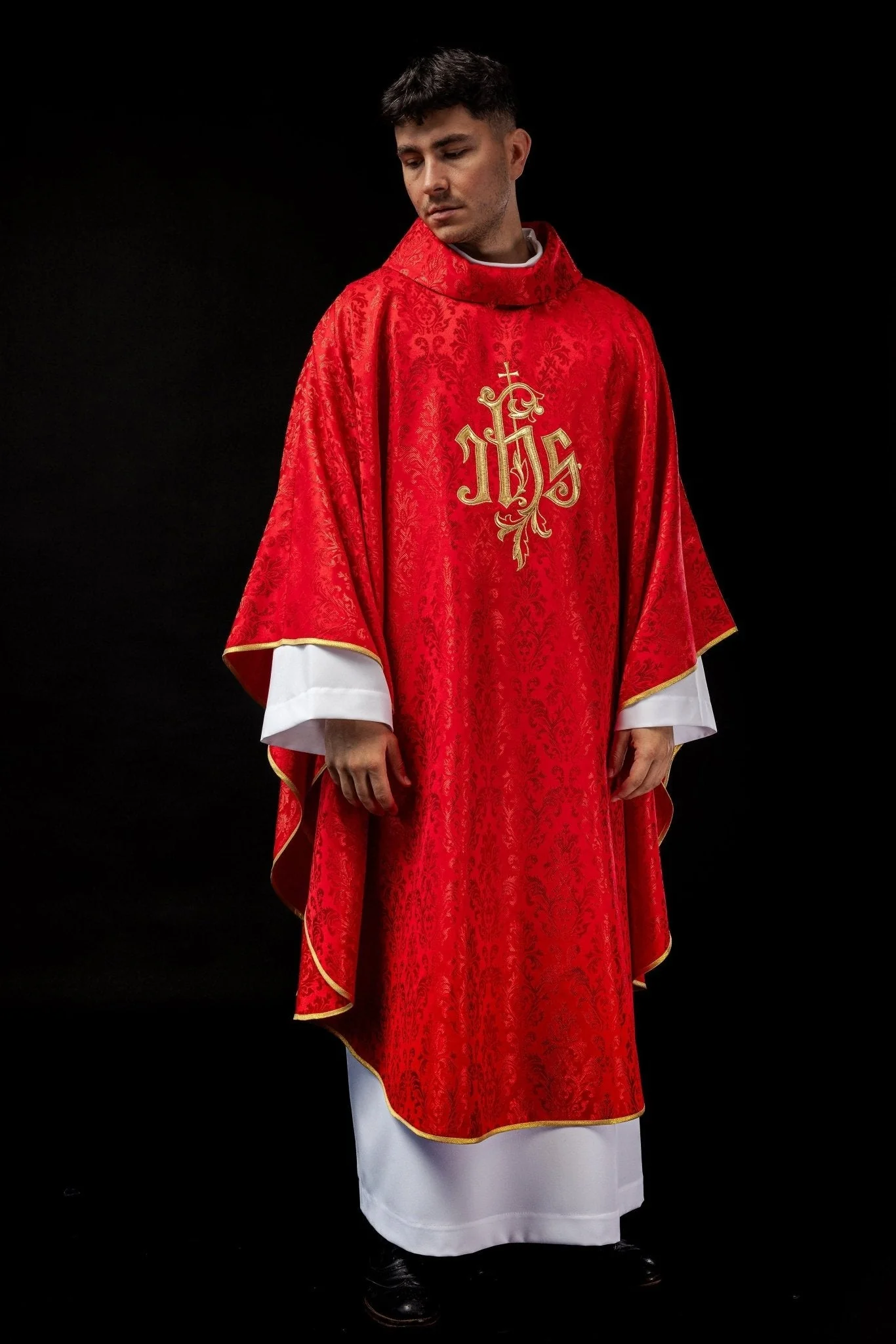 Red chasuble made of floral texture with classic IHS - Image 2
