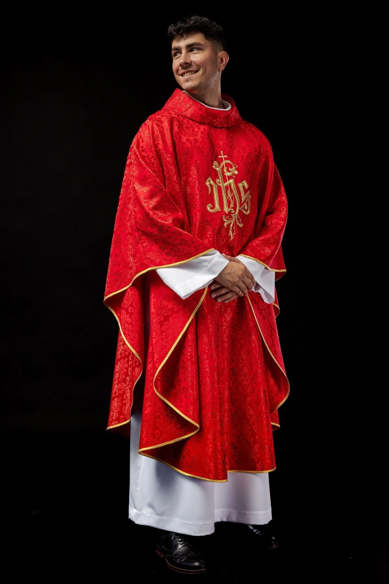 Red chasuble made of floral texture with classic IHS - Image 7