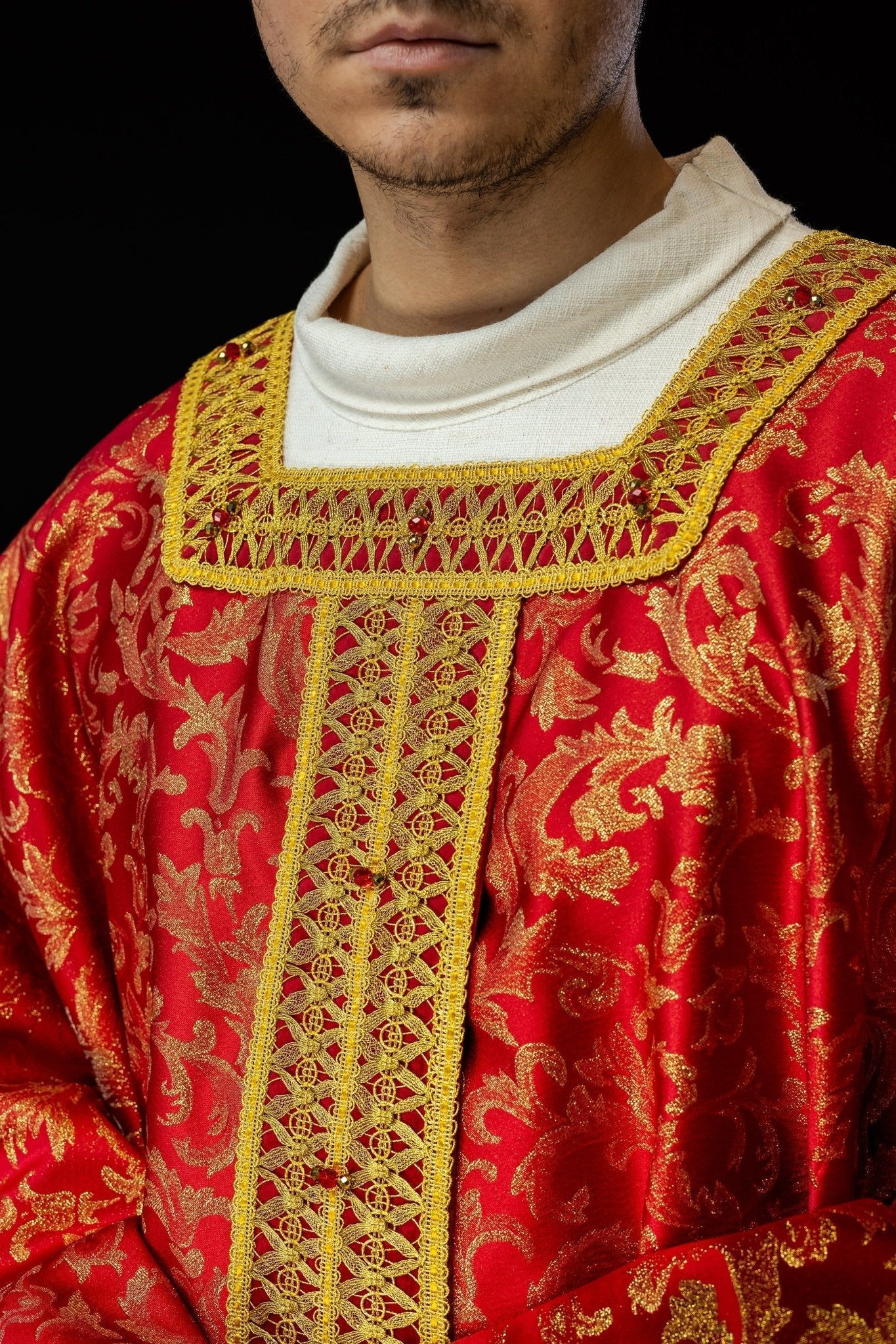 Red chasuble made of jacquard Italian fabric Handmade 7009 - Image 3