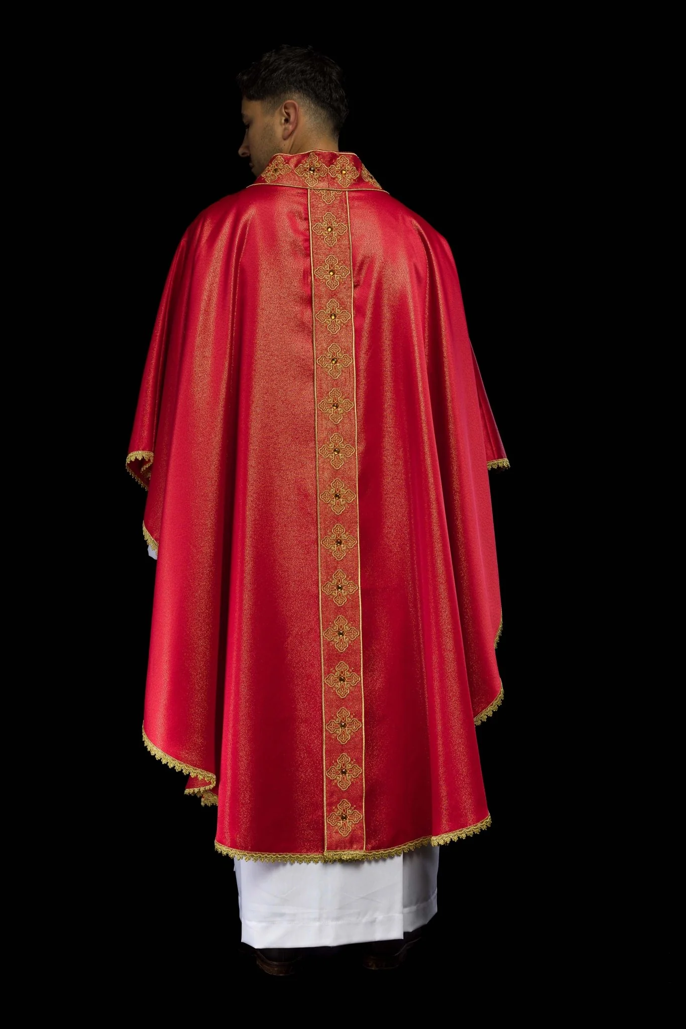 Red chasuble with decorative stones and embroidered collar - Image 8