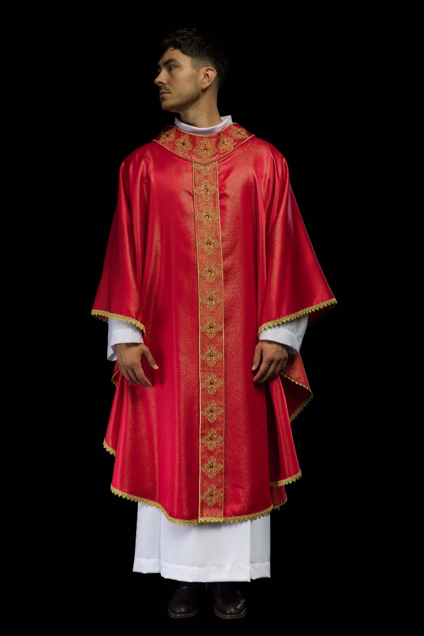Red chasuble with decorative stones and embroidered collar - Image 9