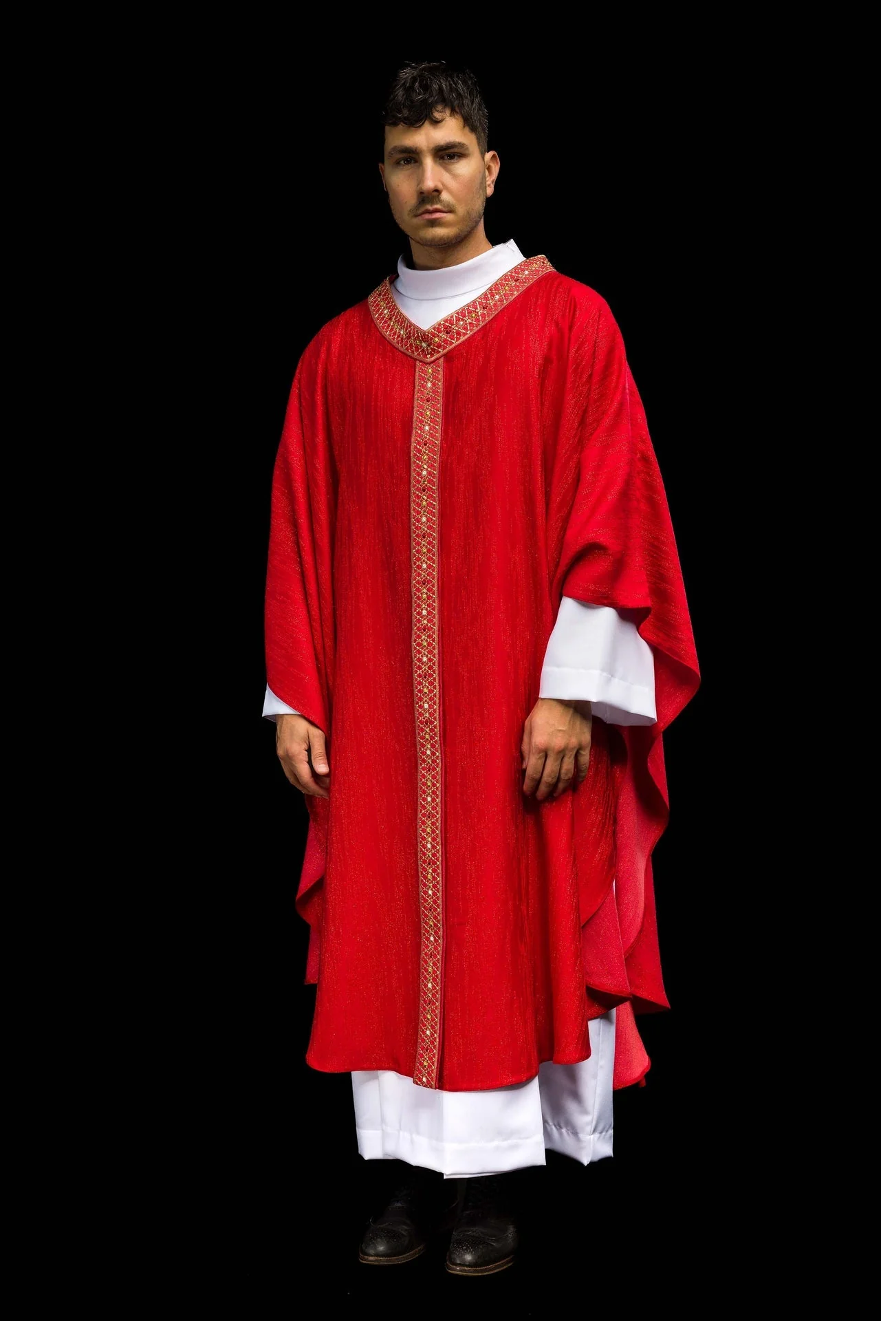 Red Chasuble with Embroidered Band and Collar - Image 2