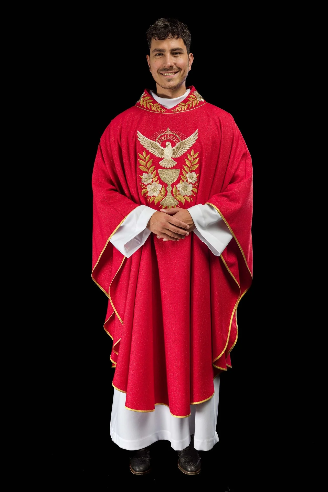 Red Chasuble with Embroidered Collar and the Symbol of the Holy Spirit - Image 2