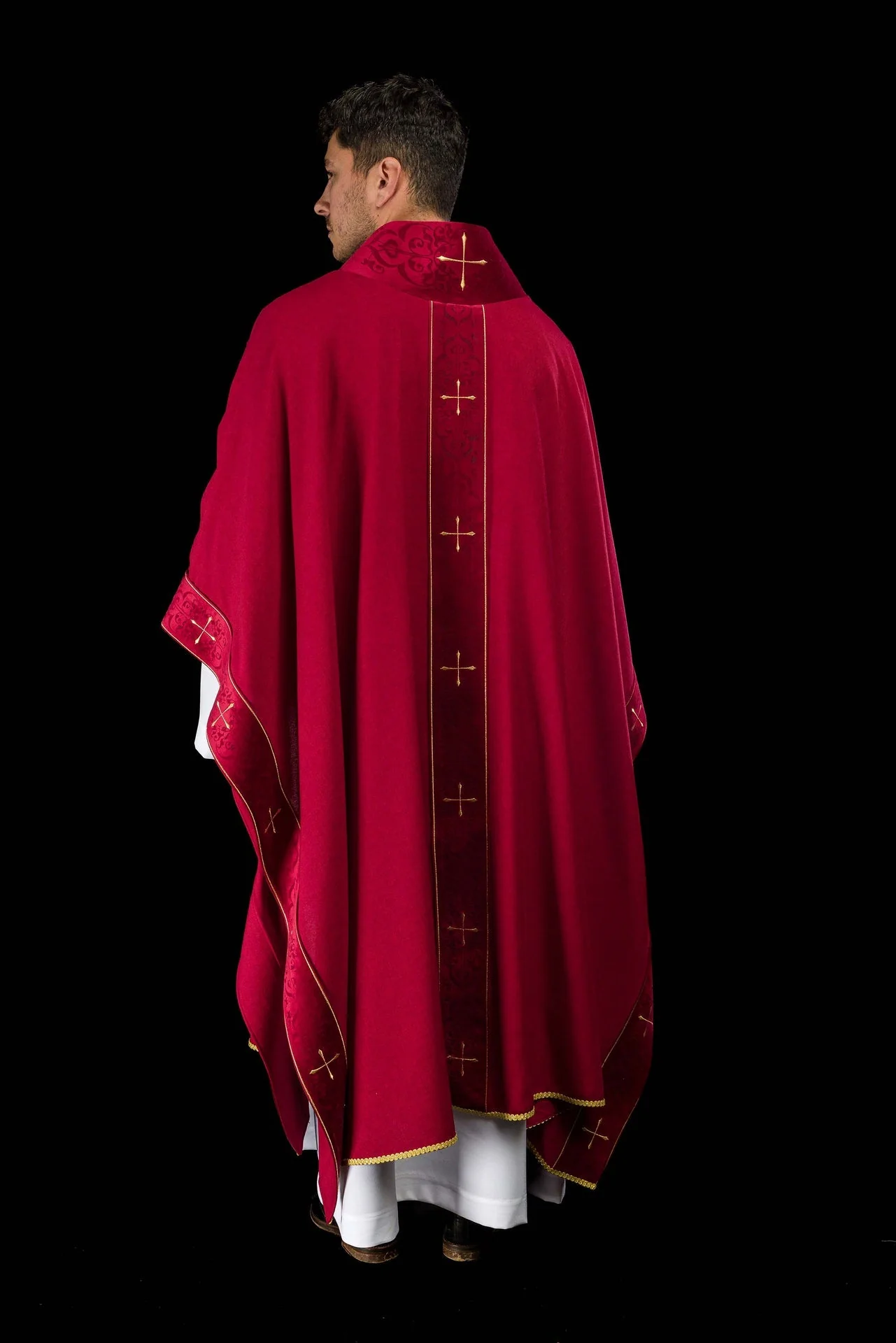 Red Chasuble with Embroidered Cross Band and Collar - Image 8