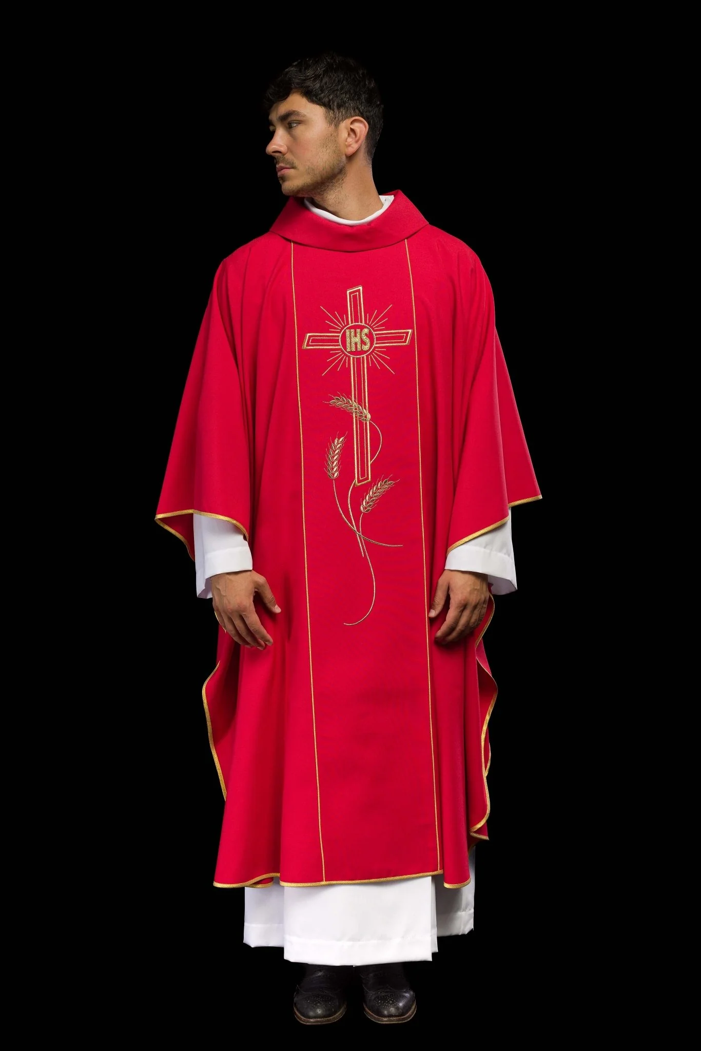 Red chasuble with embroidered Cross IHS symbol - Image 2