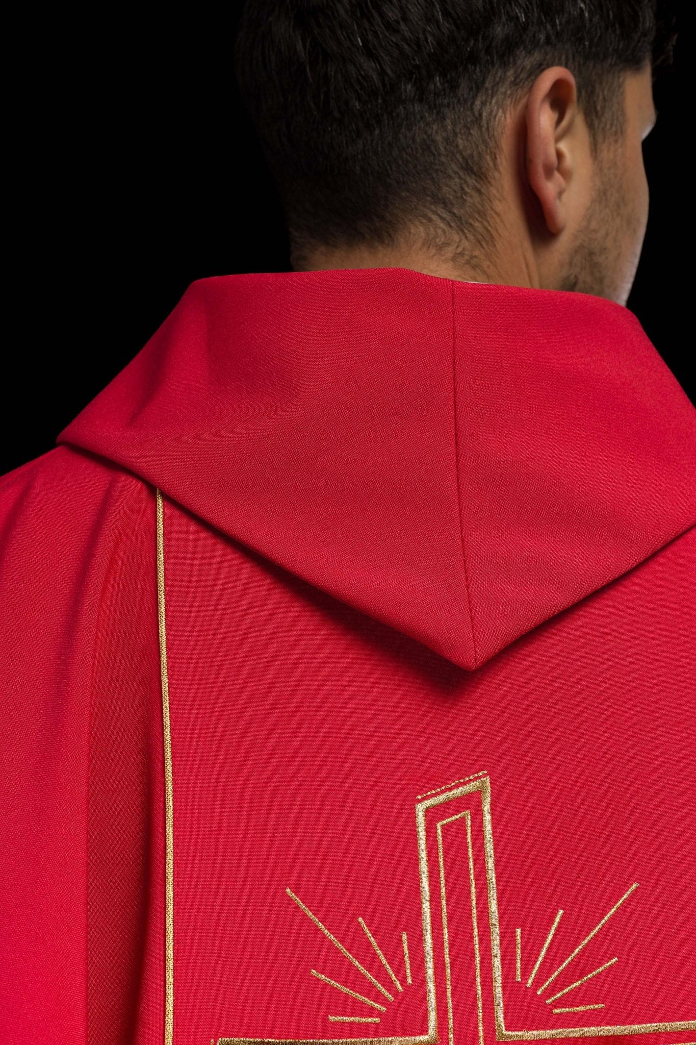 Red chasuble with embroidered Cross IHS symbol - Image 5