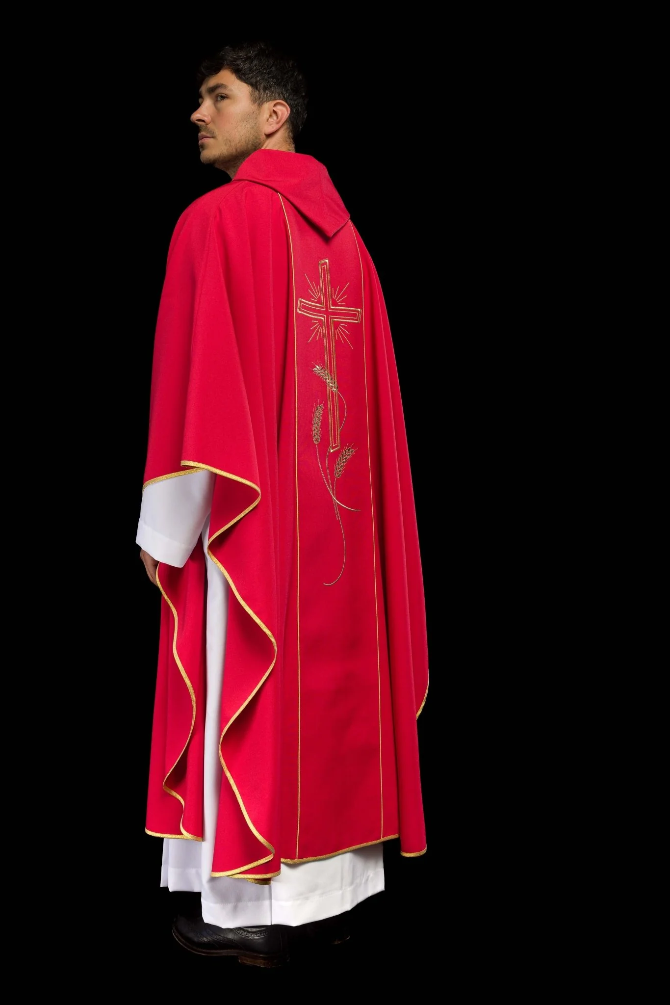 Red chasuble with embroidered Cross IHS symbol - Image 8