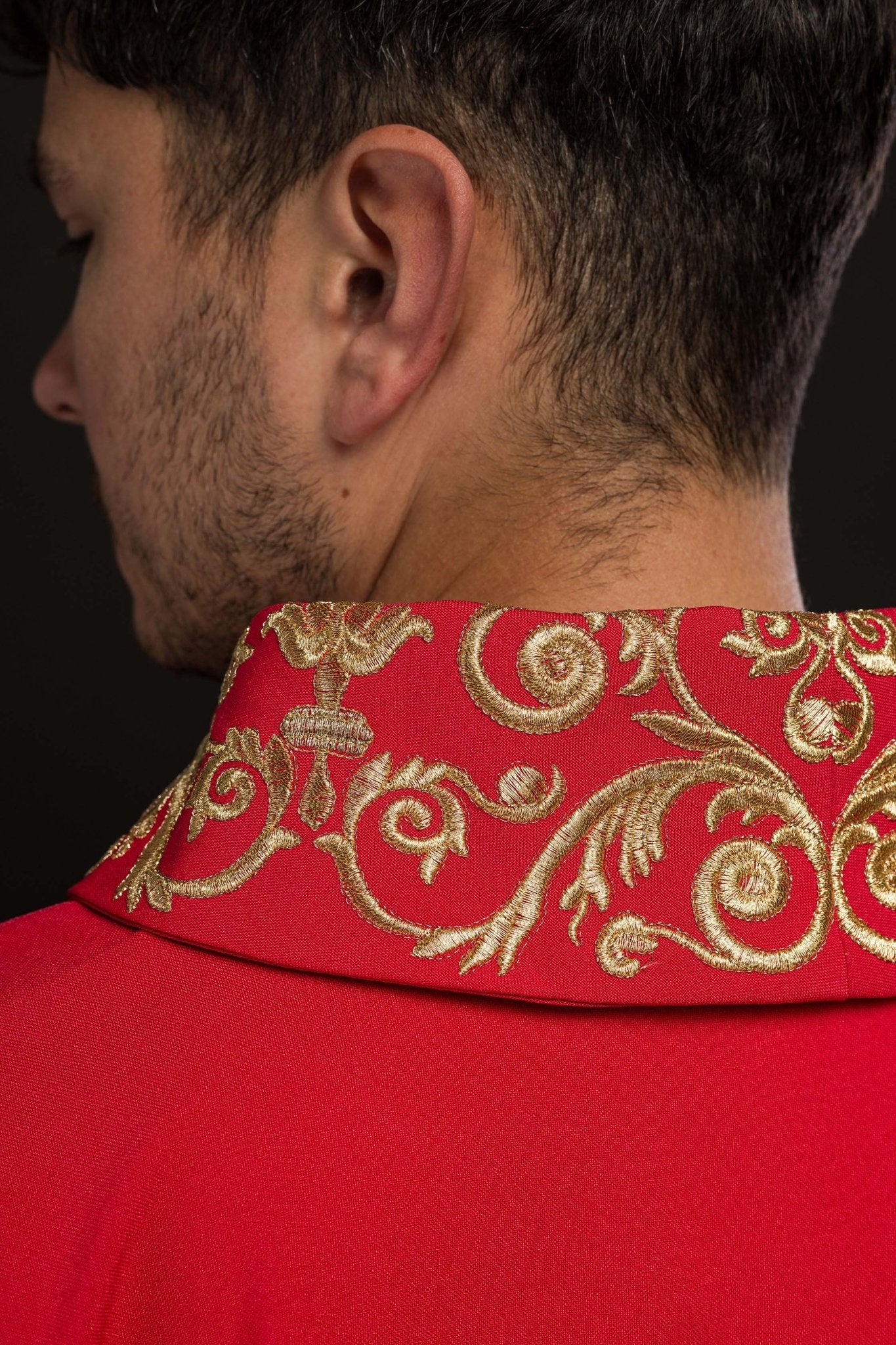 Red chasuble with embroidery around silhouette - Image 6