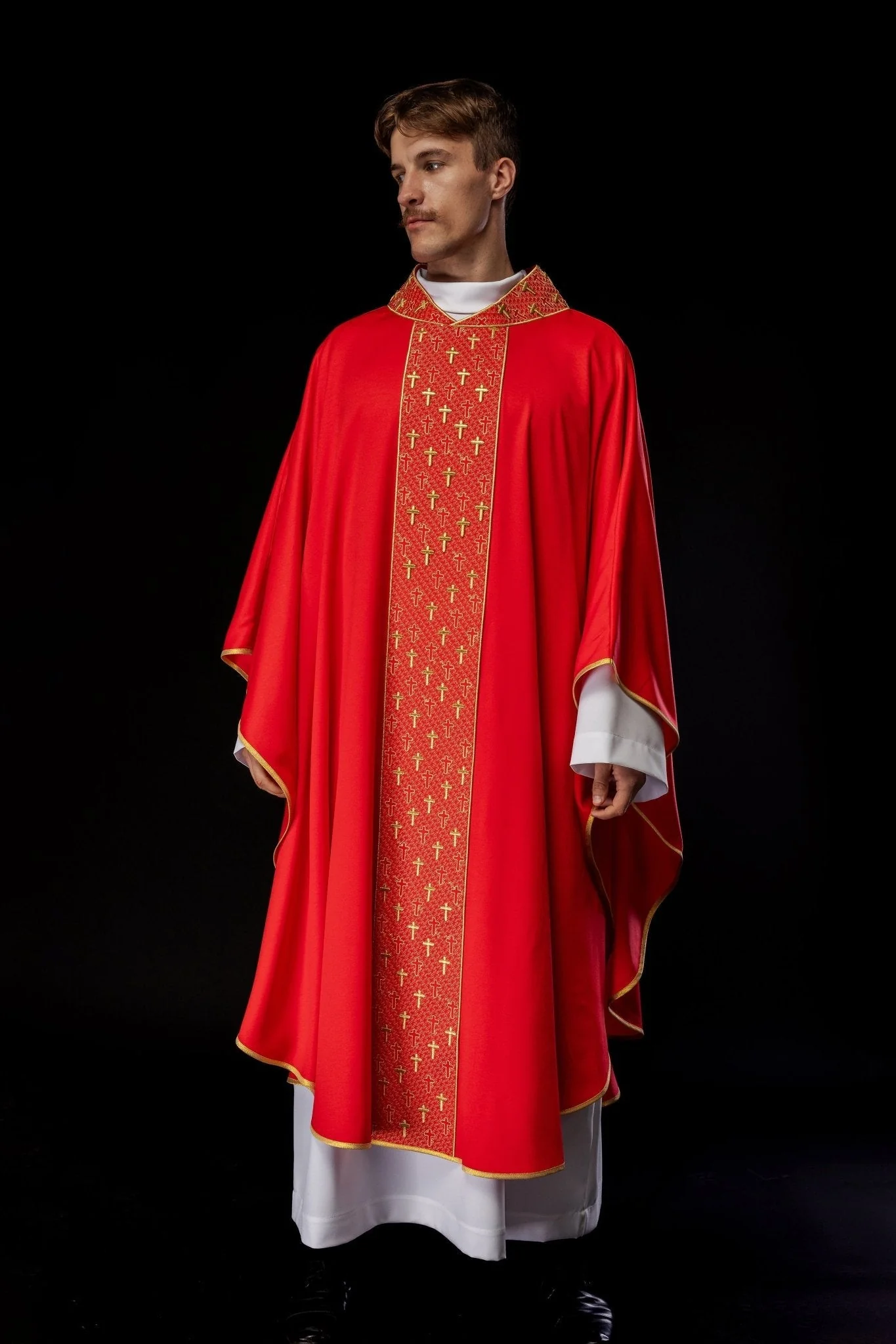 Red chasuble with gold cross embroidery on wide orphrey and collar - Image 2