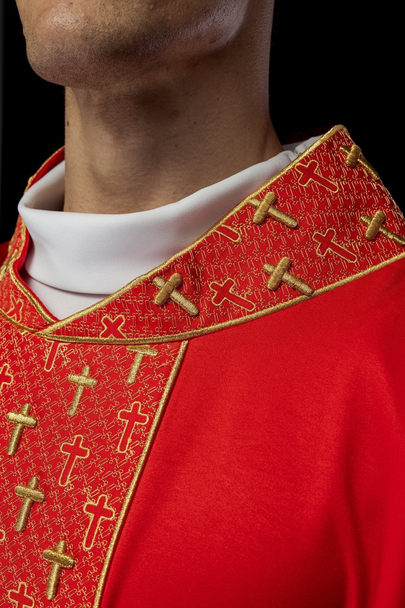 Red chasuble with gold cross embroidery on wide orphrey and collar - Image 5