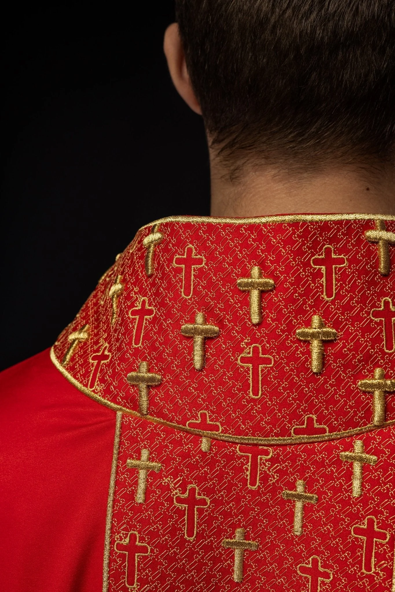 Red chasuble with gold cross embroidery on wide orphrey and collar - Image 6