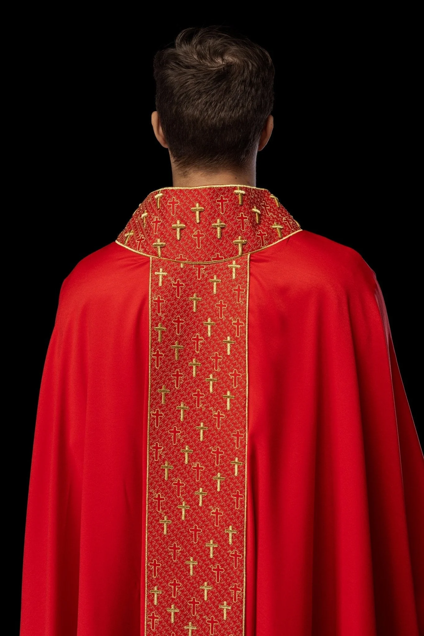 Red chasuble with gold cross embroidery on wide orphrey and collar - Image 7