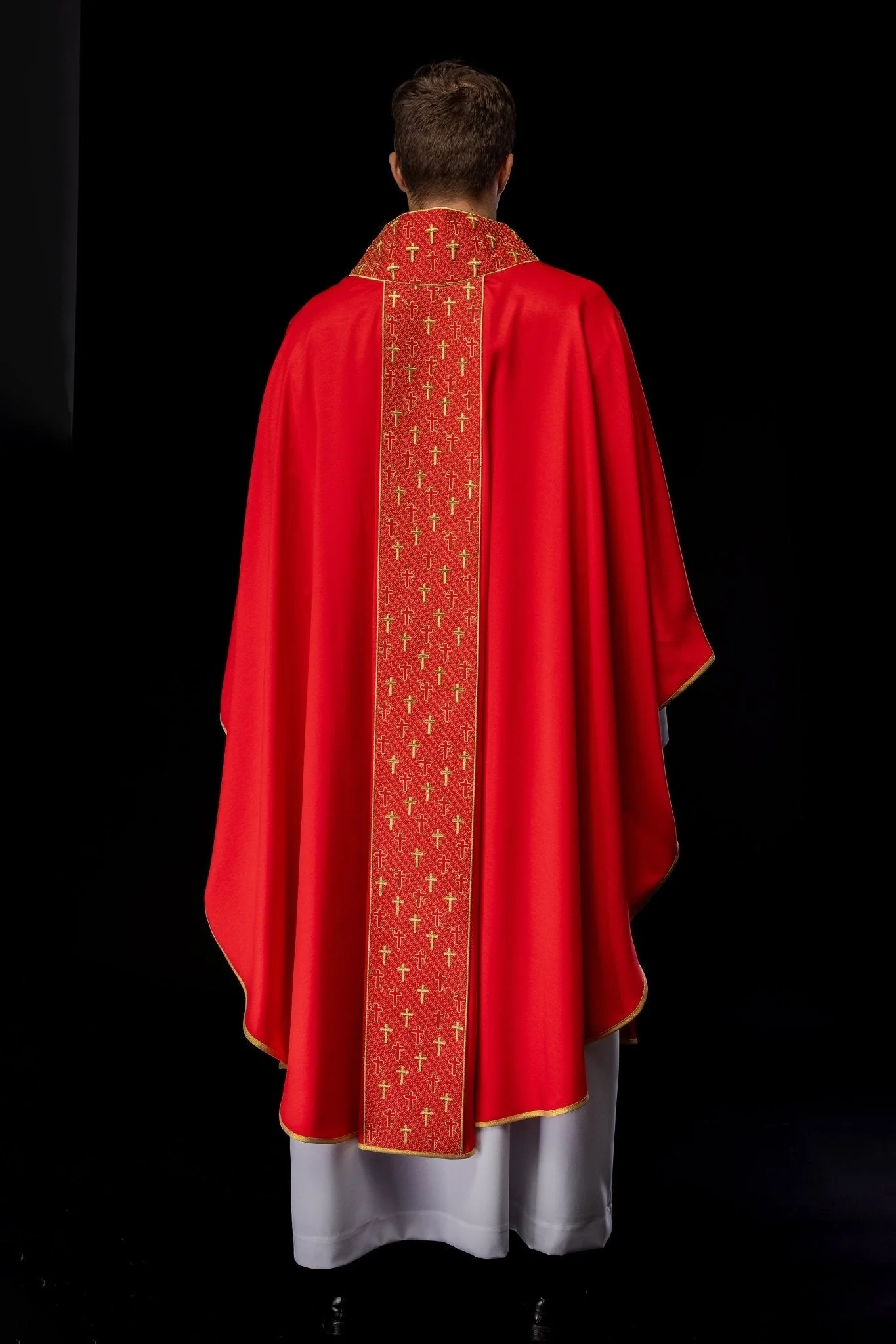 Red chasuble with gold cross embroidery on wide orphrey and collar - Image 8