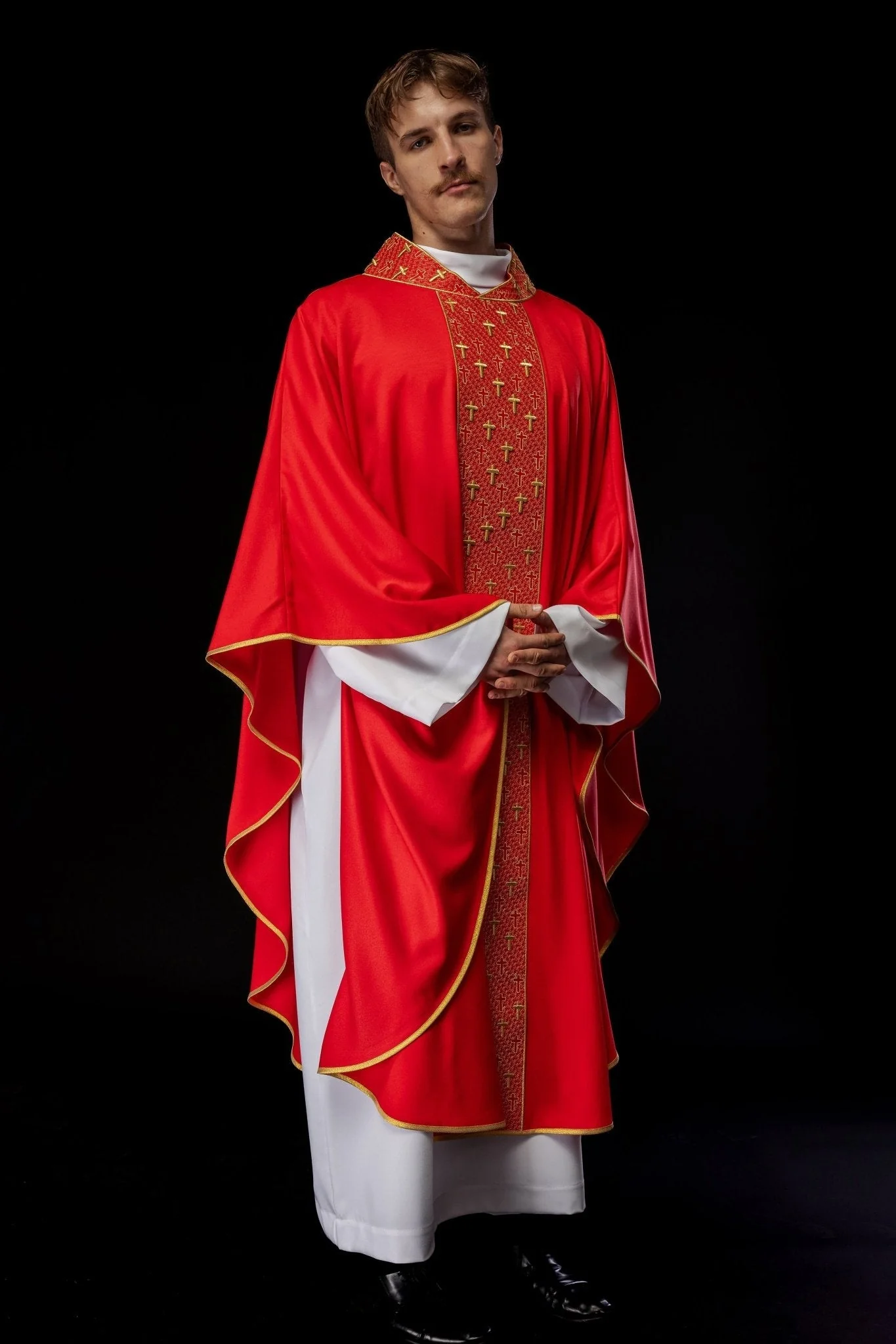 Red chasuble with gold cross embroidery on wide orphrey and collar - Image 9