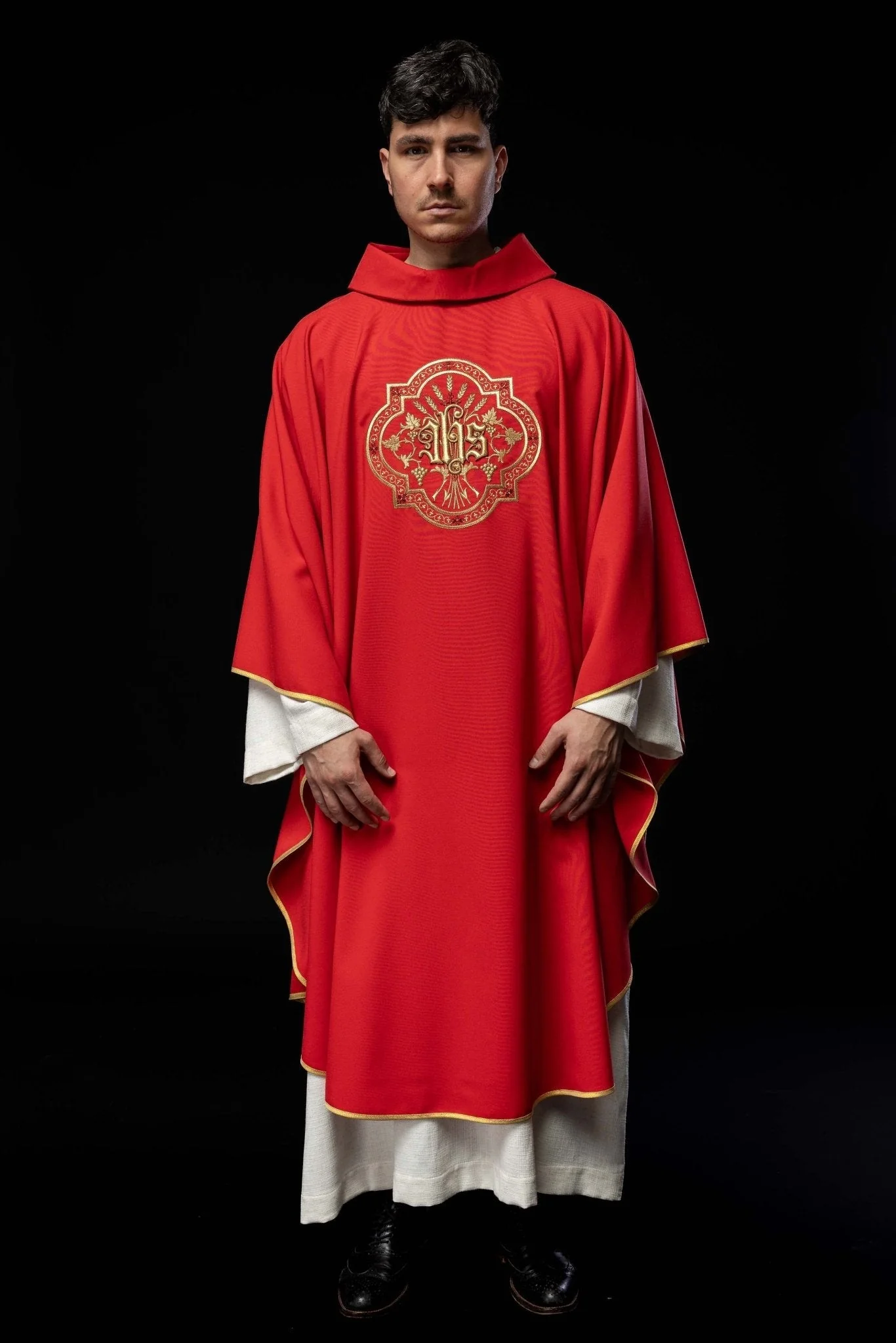 Red chasuble with IHS and PAX embroidery - Image 2