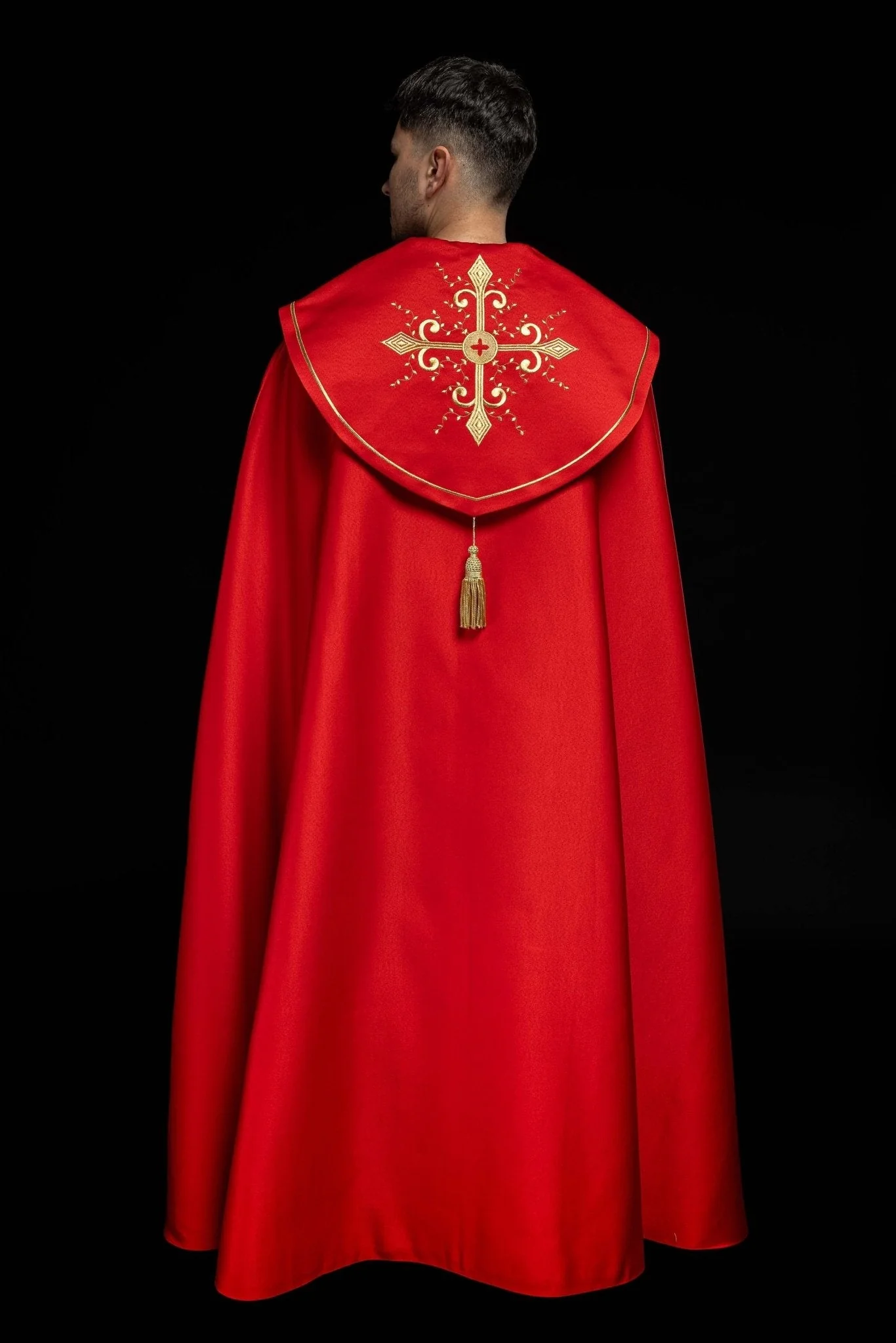 Red church cope with embroidery with gold crosses - Image 8