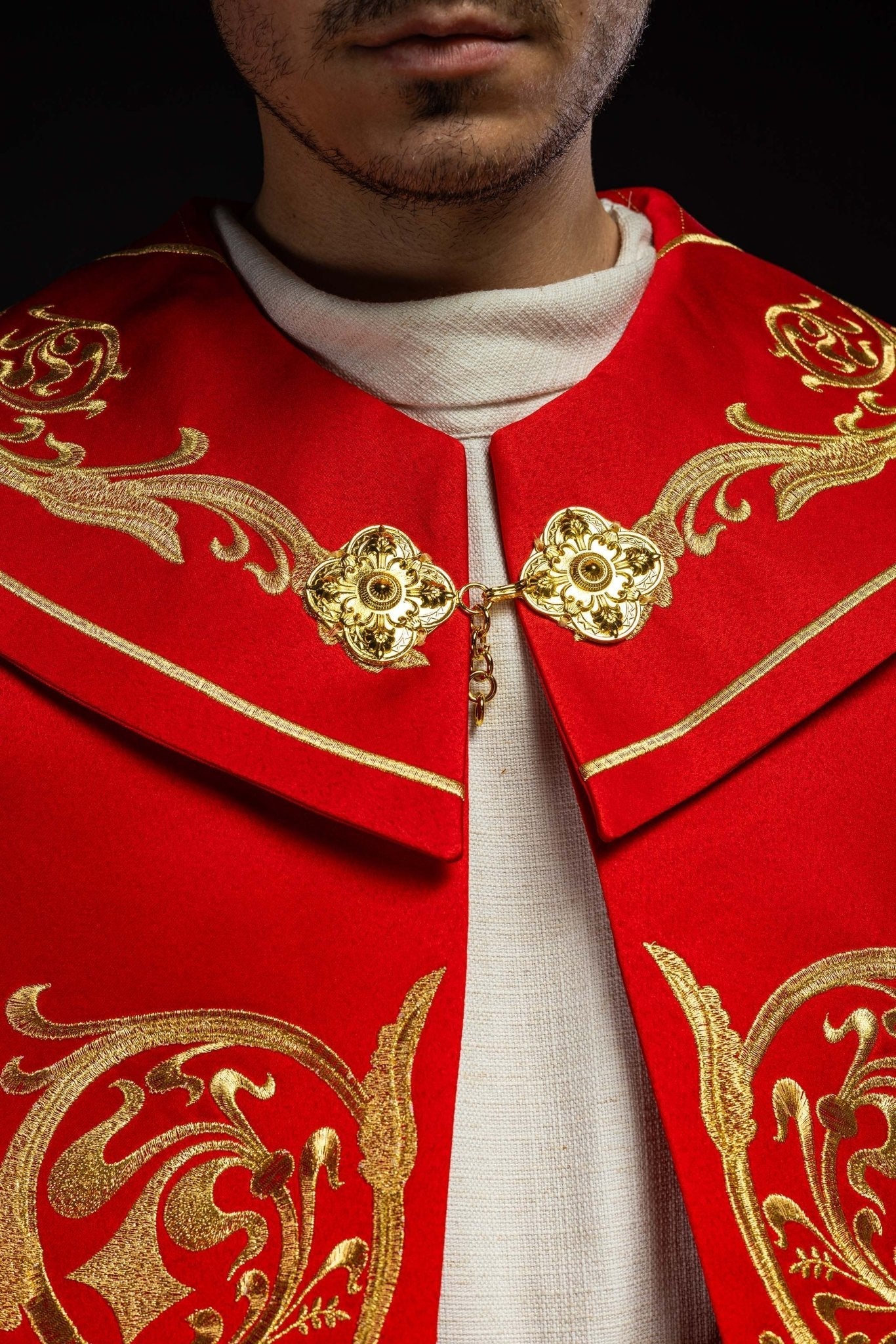 Red clerical cope with gold IHS embroidery - Image 3