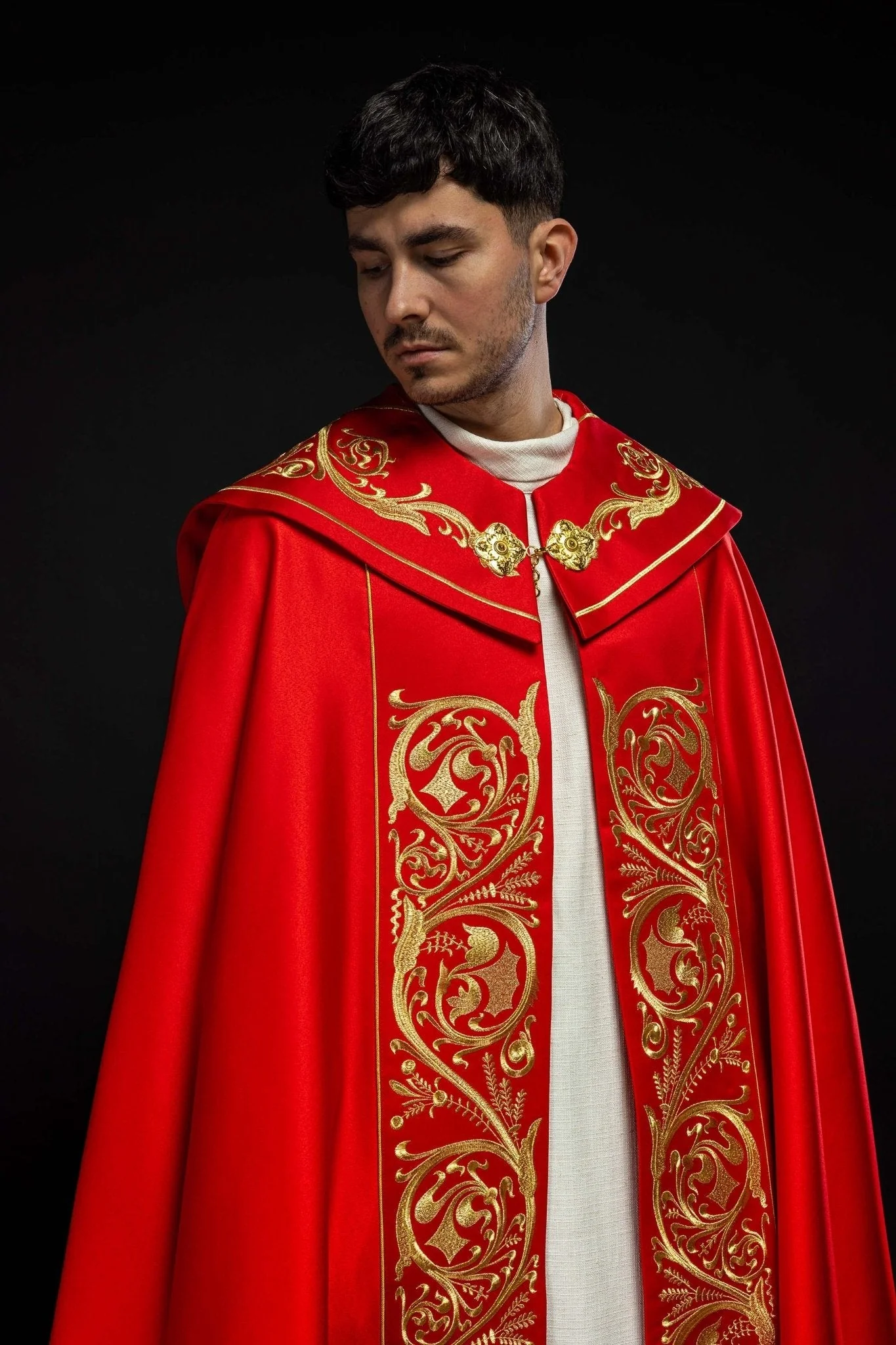 Red clerical cope with gold IHS embroidery - Image 4