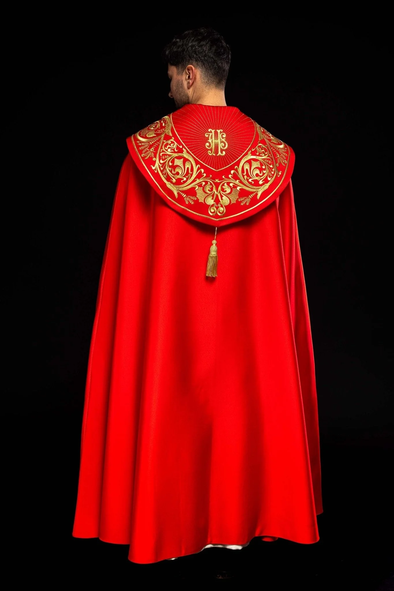 Red clerical cope with gold IHS embroidery - Image 8