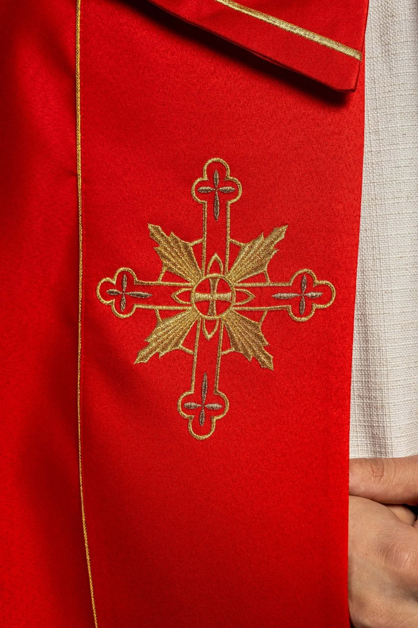 Red cope embroidered front and back with IHS monogram - Image 4