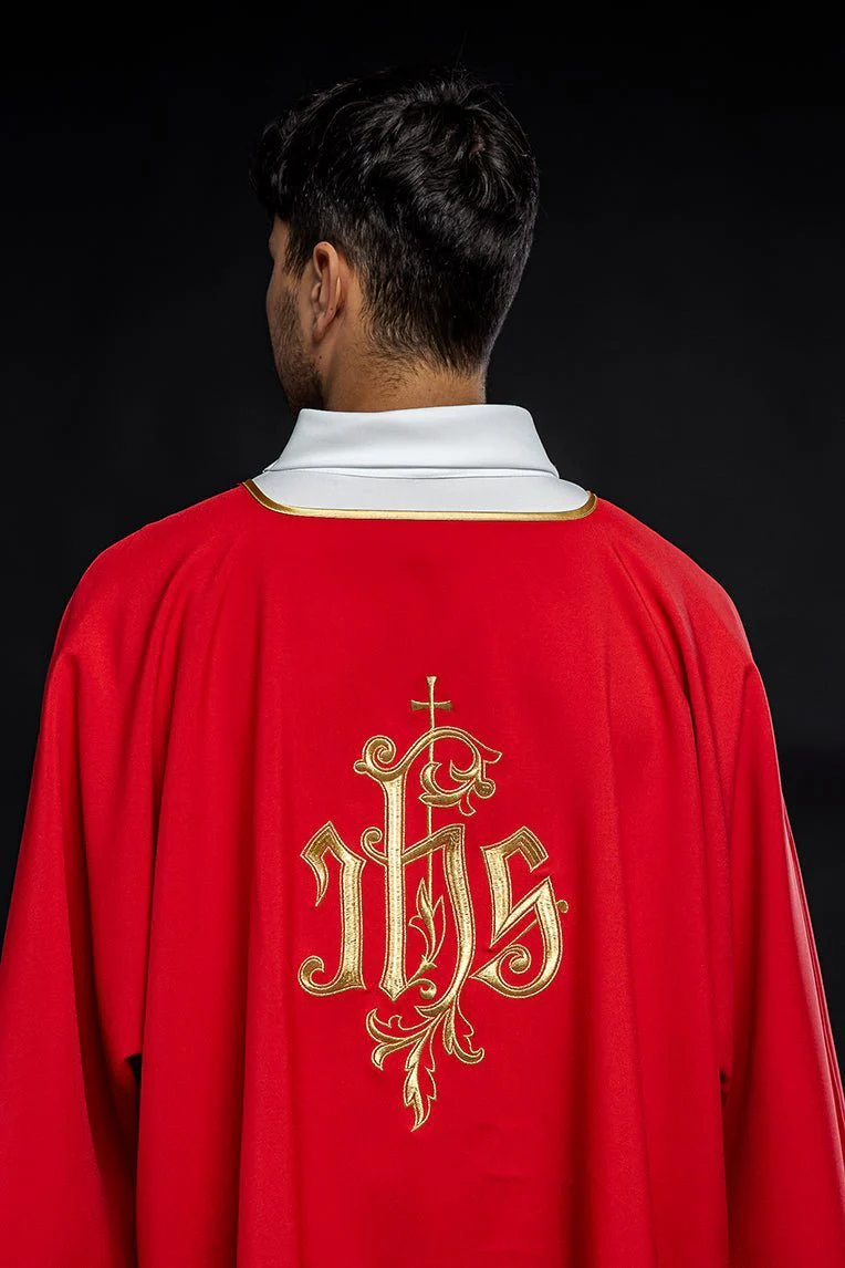 Red dalmatic chasuble with gold IHS - Image 5