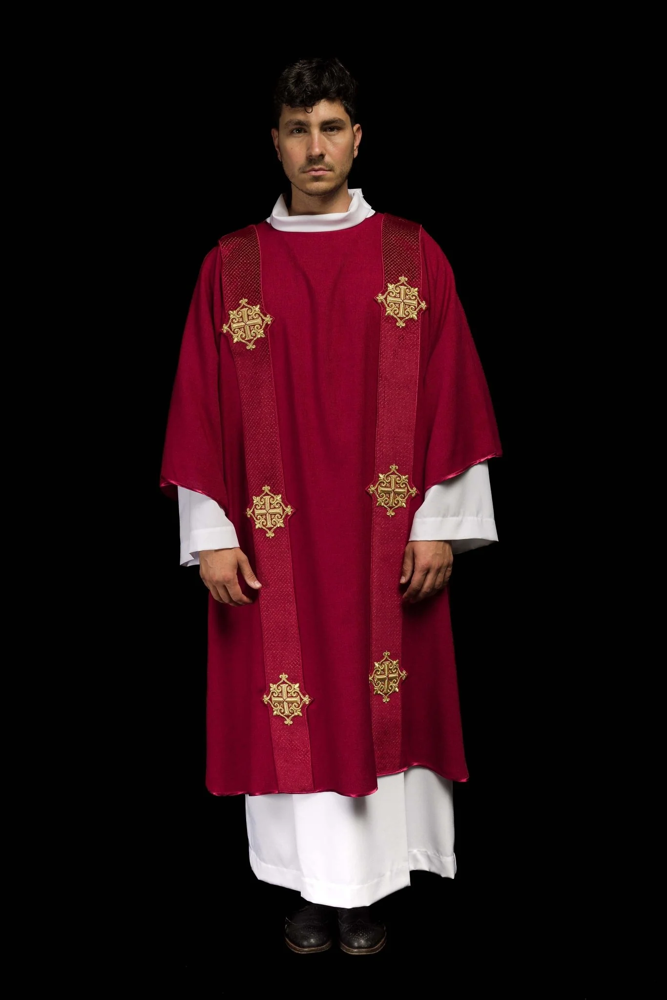 Red dalmatic with velvet bands and cross symbols - Image 2