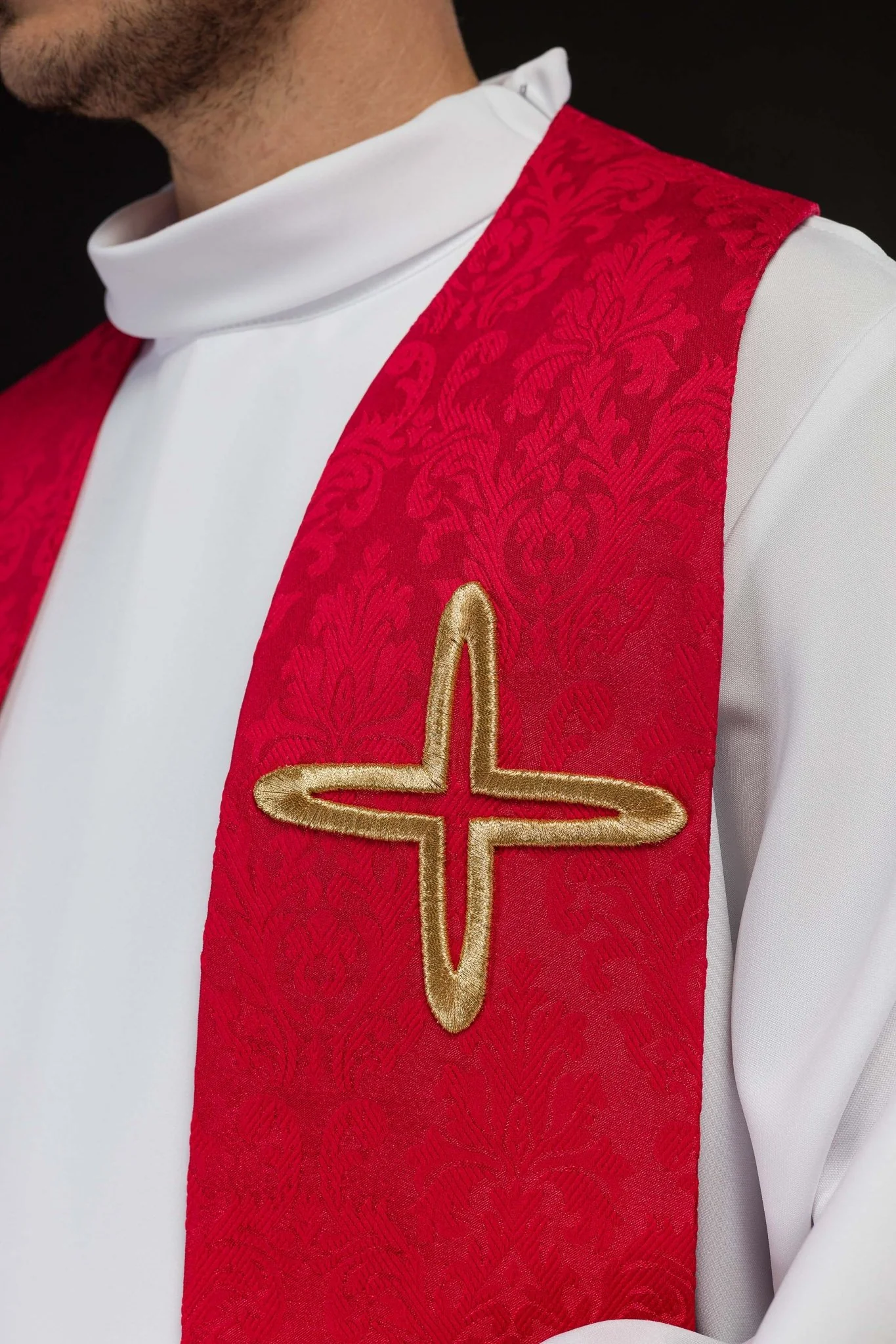 Red Embroidered Jacquard Stole with Cross Motifs - Image 3
