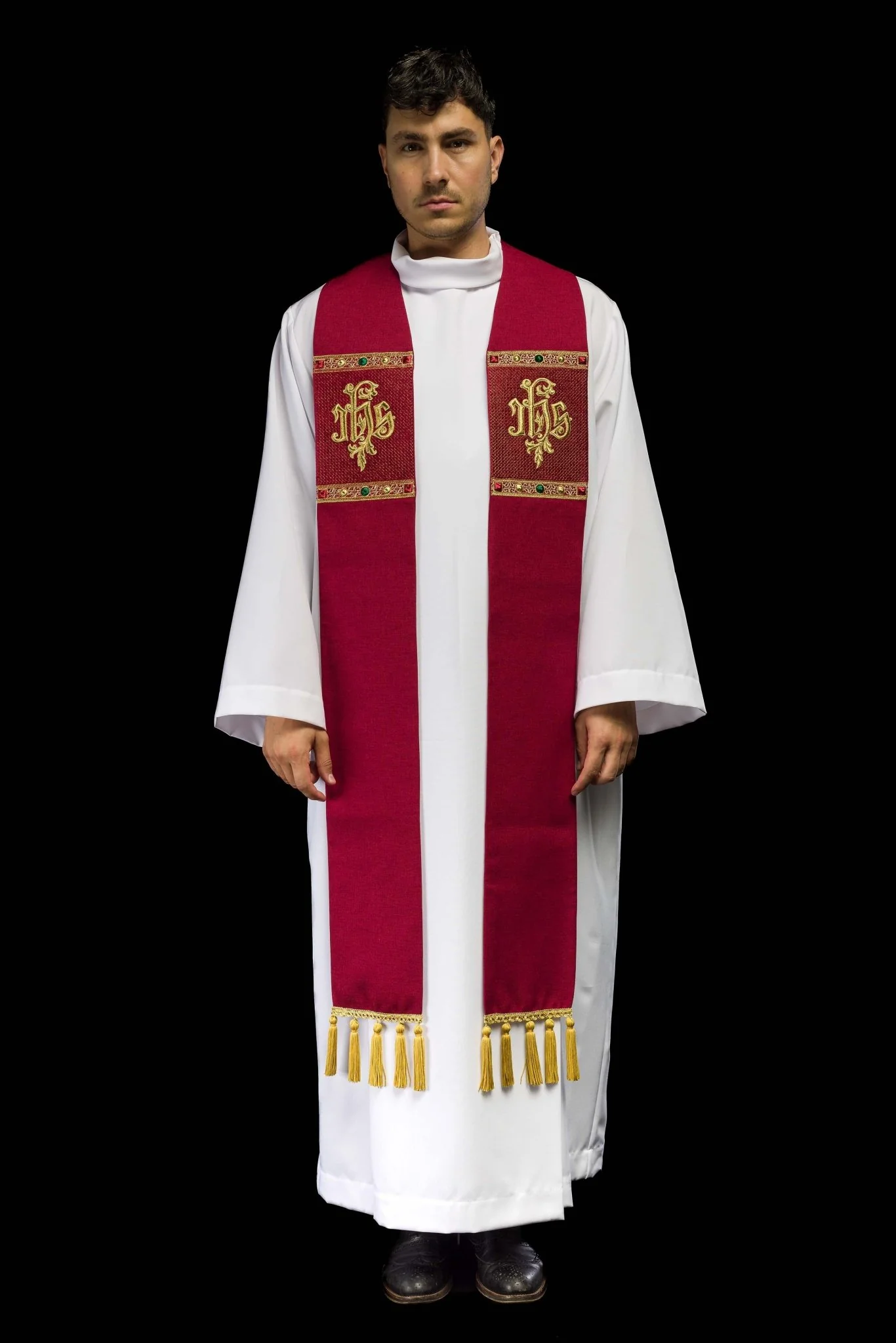 Red embroidered stole with IHS motif