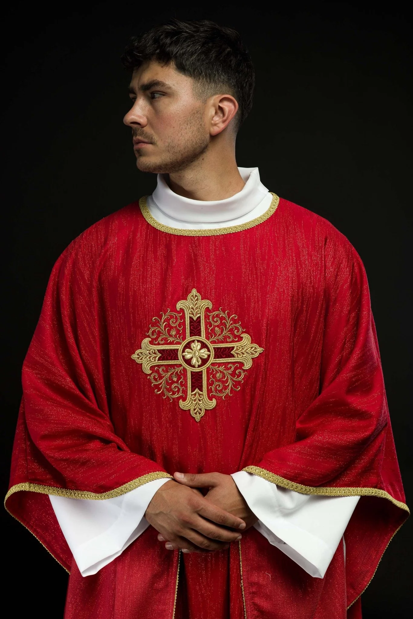Red Liturgical Chasuble with Embroidered Cross on Decorative Fabric