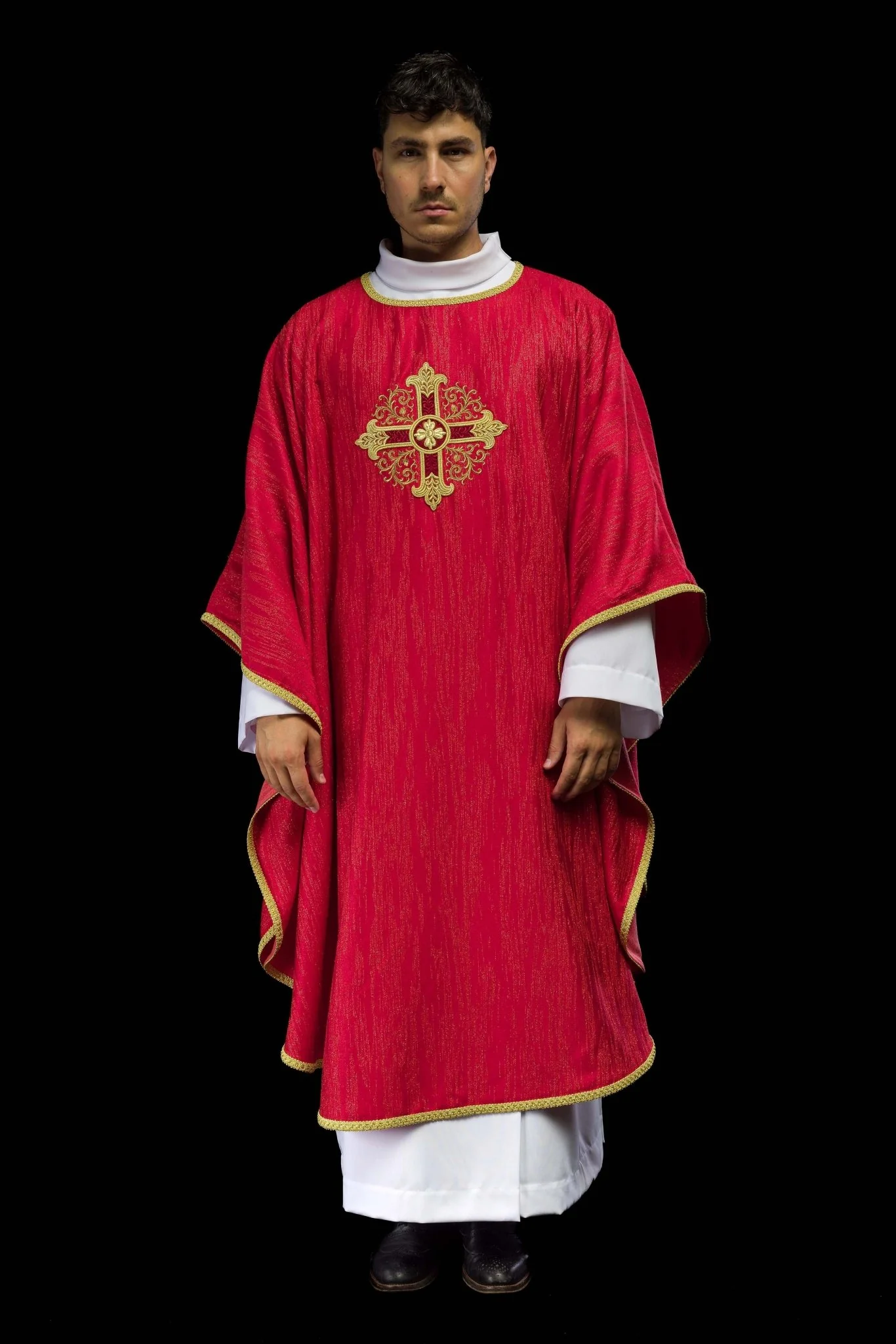 Red Liturgical Chasuble with Embroidered Cross on Decorative Fabric - Image 2