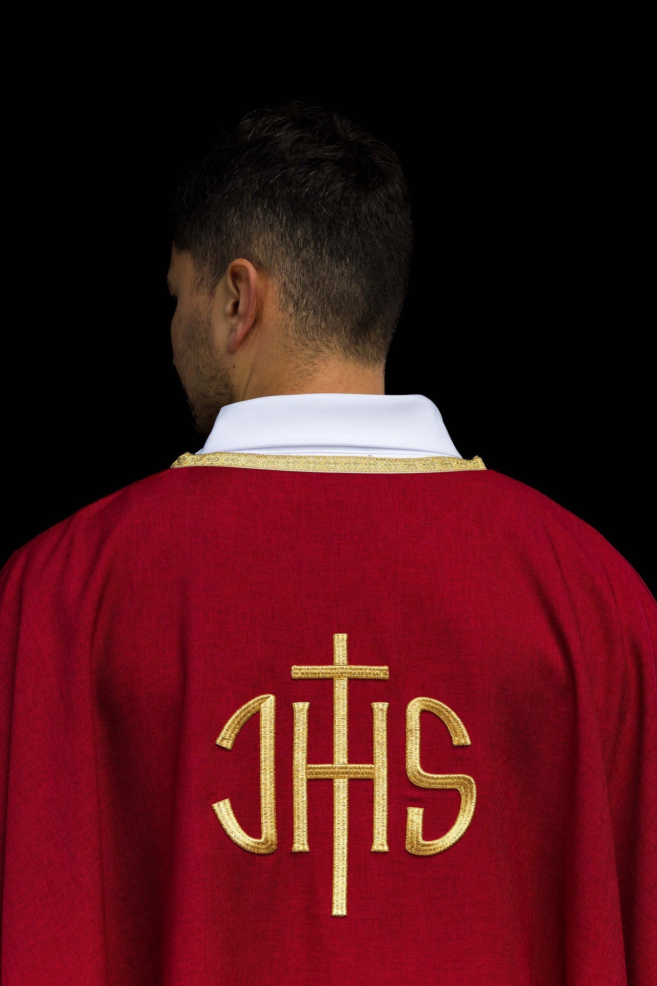 Red Liturgical Chasuble with Golden IHS Embroidery - Image 6