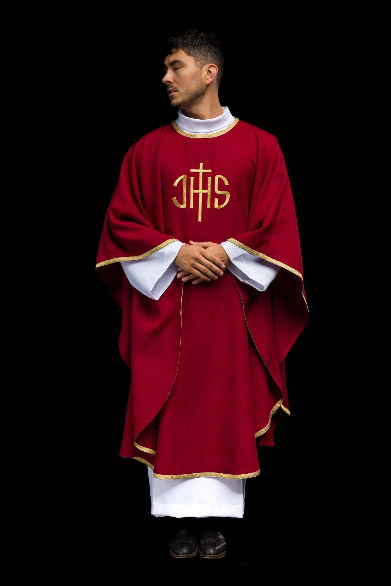 Red Liturgical Chasuble with Golden IHS Embroidery - Image 8