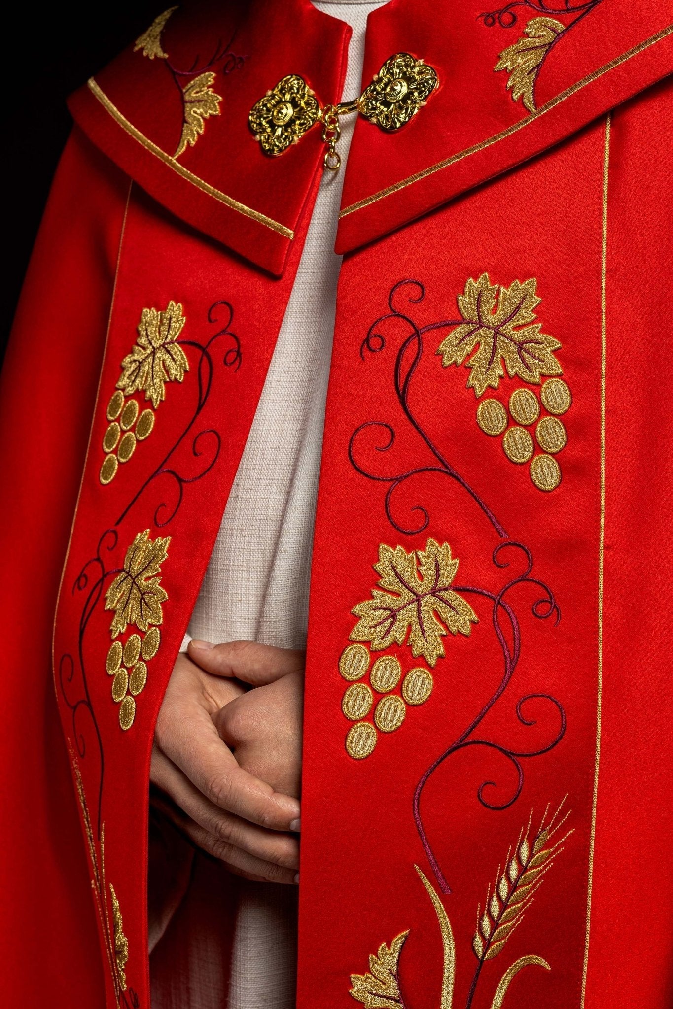 Red Liturgical cope with Gold Embroidery IHS and Grape - Image 3