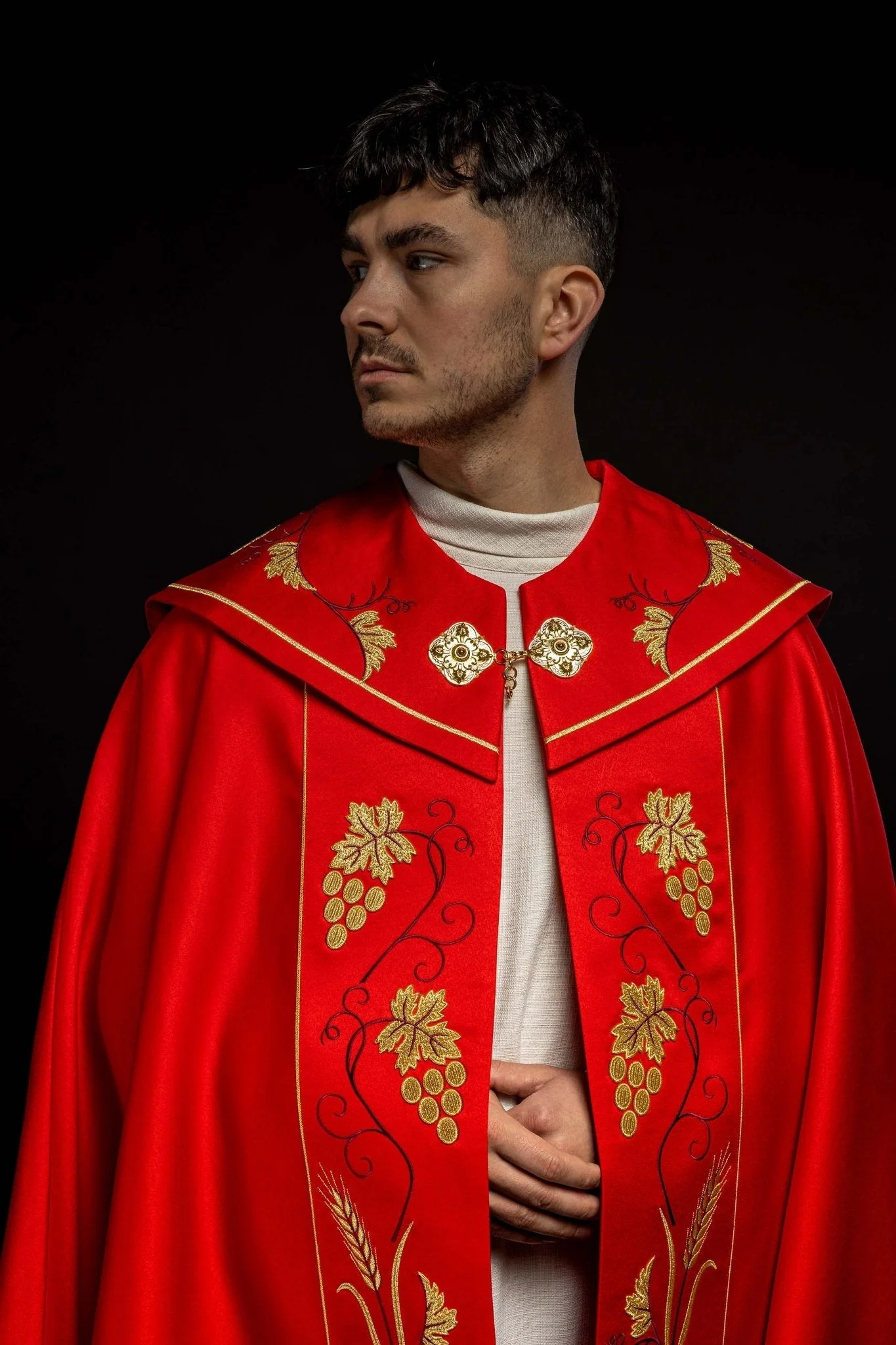 Red Liturgical cope with Gold Embroidery IHS and Grape - Image 8