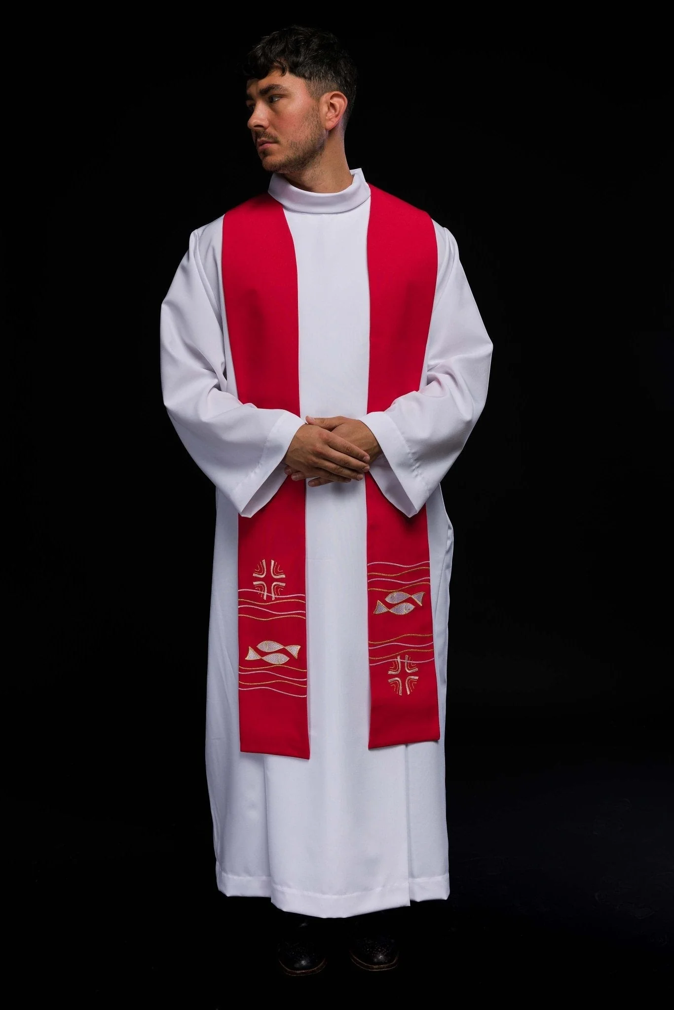 Red priestly stole with embroidered Fish motif - Image 6