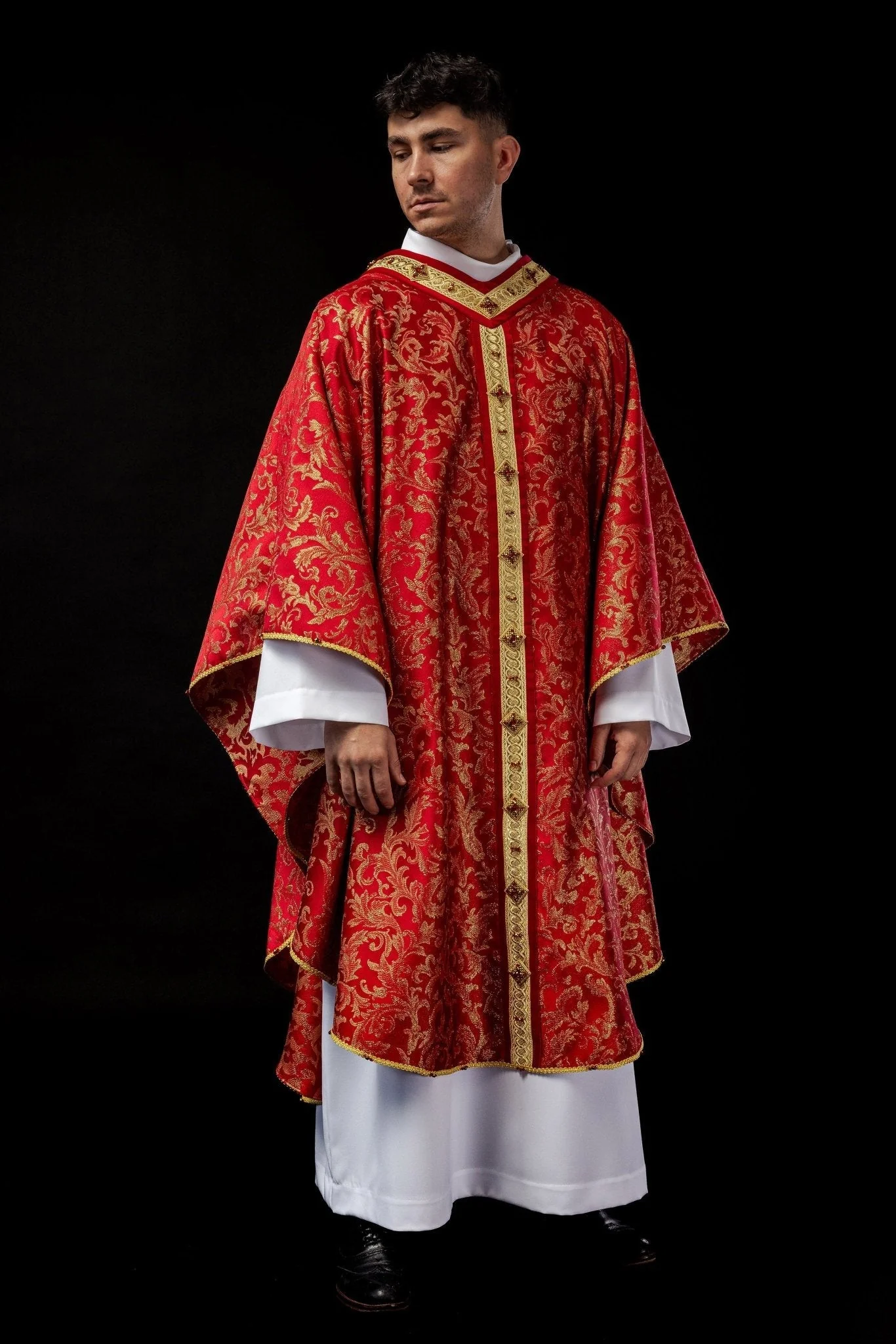 Red priests chasuble with natural stones Handmade 7003 - Image 2