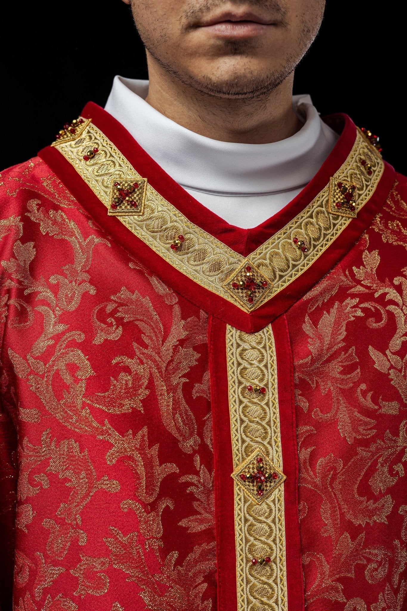 Red priests chasuble with natural stones Handmade 7003 - Image 3