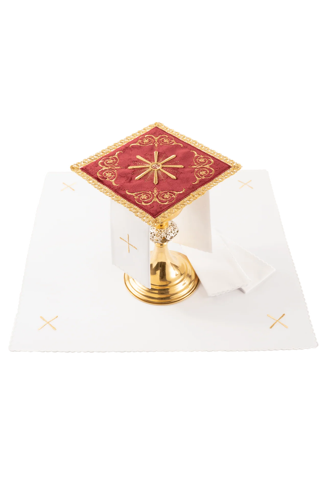 Red velvet embroidered chalice linens set